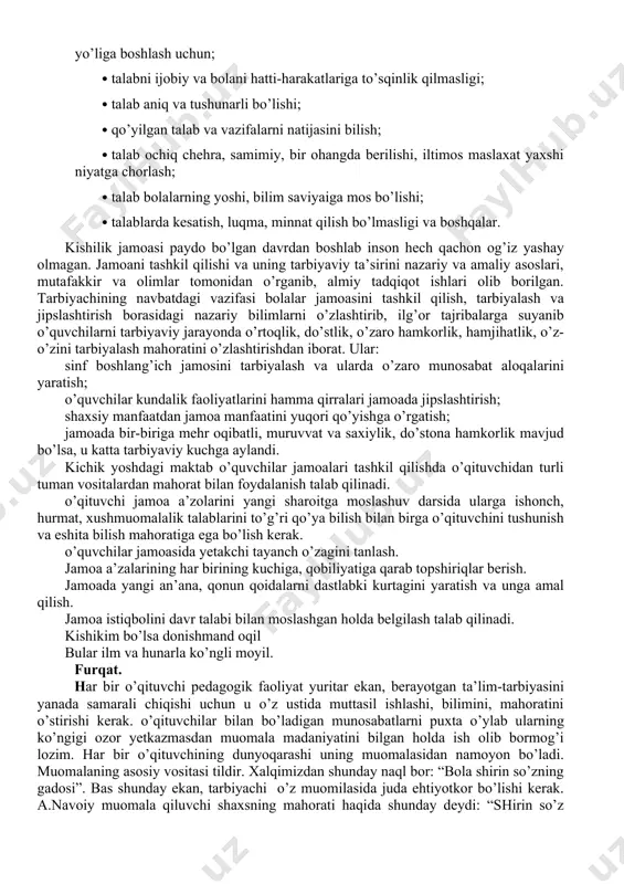 ki taqa uchun egilib o’tiramanmi - deb gap qaytaradi o’g’li. otasi indamasdan o’zi egilib taqani oladida, yo’lida davom etadi. kun issiq edi. bola chanqay boshladi. bir oz yo’l yurgandan keyin olcha sotib o’tirgan baqqol ko’rinadi. otasi boyagi taqani olchaga almashtirib belbog’iga tugib oladi. o’qliga ko’z-ko’z qilib bir dona olchani og’ziga tashladi-da, bir donasini yerga tashladi. o’g’li darrov egilib olchani oladi va chanqoqini bostirmoqchi bo’lib og’ziga soladi. otasi olchani ketma-ket tashlaydi. o’g’li 10-15 marta egilib olchalarni terib olib yegandan so’ng nihoyat otasi to’xtaydi va belbog’ida qolgan olchalarni o’g’liga o’zata turib deydi: "ko’rdingmi o’g’lim, sen taqani ko’tarib olish uchun bir marta egilishga eringan eding, olchalarni terib olish uchun 10-15 marta egilding, agar yengil mehnat og’ir deb hisoblasang, undan battar og’iriga duch kelasan!” bu ertakning pedagogik ta’sirini salbiy va ijobiy ko’rinishlarini bolalarga izohlashda o’qituvchi quyidagi savollar orqali tarbiyaviy mahoratini oshiradi: · otaning talabi to’g’rimi yoki yo’qmi? sababini ochib bering. · otaning bolaga mehnatdan …