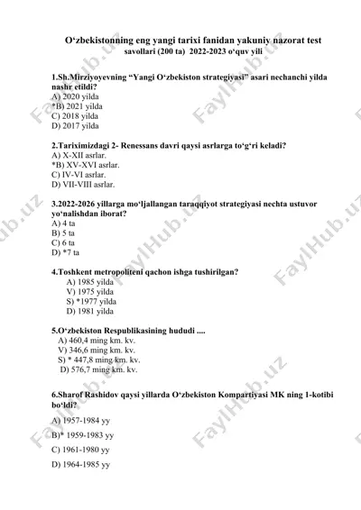 o‘zbekistonning eng yangi tarixi fanidan yakuniy nazorat test savollari (200 ta) 2022-2023 o‘quv yili — DOCX