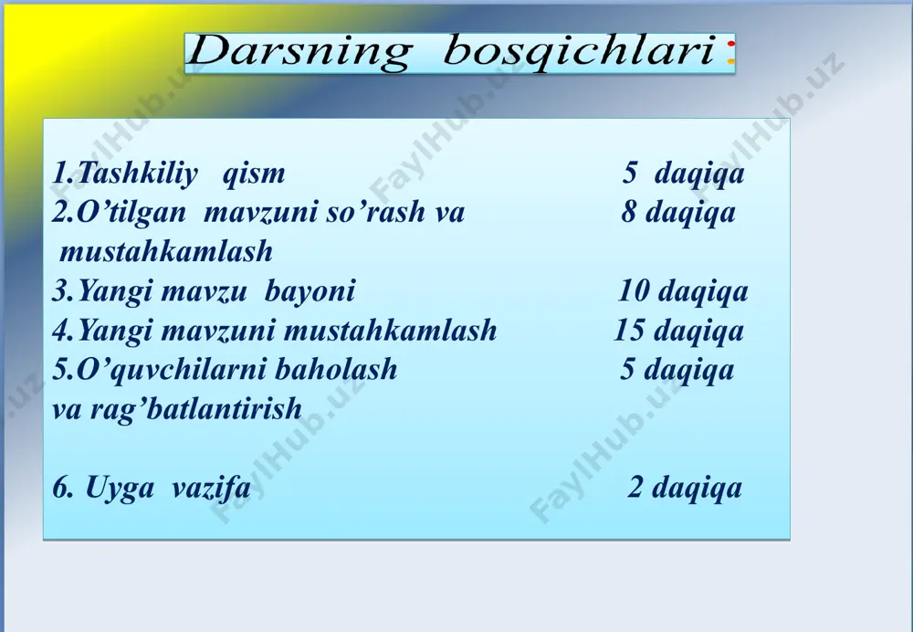 sm,24sm,14sm,14sm “bilim bulog’iga sayohat” javohirlar xazinasi bu poytaxt shaharga ushbu davlatning 1-prezidenti nomi berilgan diqqat savol: ushbu shahar nomini toping “sardorlar bellashuvi” quyidagi so’zlarni rus va ingliz tiliga tarjima qiling: misol arifmetika ildiz kvadrat 2019 yil xush kelibsiz o’qituvchilar! yakuniy qism o’quvchilarning to’plagan ballari jamlanib, g’olib guruh aniqlanadi. o’quvchilar rag’batlantiriladi. dars maqsadiga erishganligi haqida xulosalanadi. uyga vazifa : 456, 458, 460 masalalarni yechib kelish. qo’linda puling bor-u hisoblashni bilmasang ro’zg’orga uni sarflab , sen eplashni bilmasang bugun bor pulni sarflab , ertaga sen och qolsang farzandlaring aytmasmi dadam bilmas hisobni qora ko’zlar aytmasmi oyim bilmas hisobni sen bu ilmni o’rgan kelajagingni o’ylab , kelajak vorislaring farzandlaringni o’ylab , bilasiz riyoziyot fanlar ichra shox erur uning har bir sirini o’rganish lozim zarur hisob kitob qilishni bilmasang senchi agar bu dunyoda yashashdan qanday ma’no bor axir image9.png image1.jpeg image2.jpeg image3.jpeg image4.jpeg image5.jpeg image6.jpeg image7.jpeg image8.jpeg image10.png image11.png image12.jpeg image13.jpeg image14.jpeg