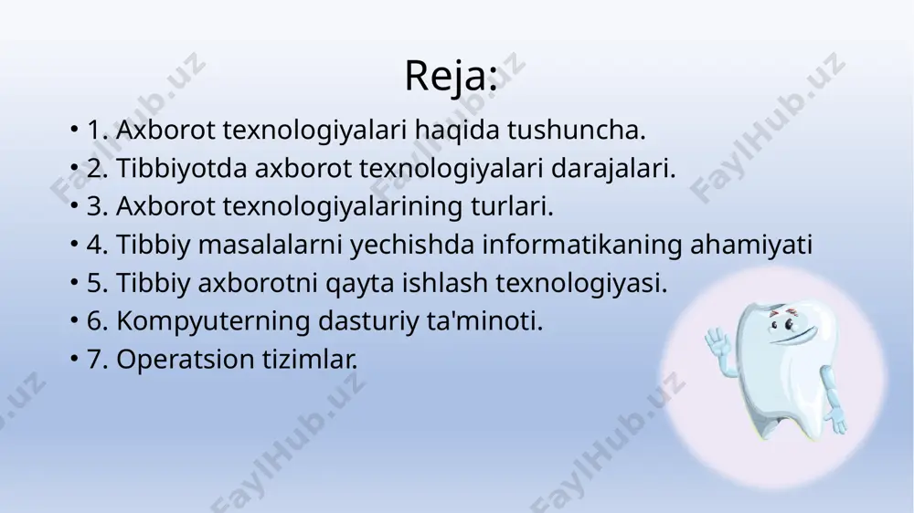 rni bajargan holda olishdan iborat; bu- ma’lumotlar ustidan bajariluvchi amallar, uning hajmi va xilma-xilligini oshiruvchi eng asosiy operatsiya va usullardan biri hisoblanadi. 5 “aloqa darajasi” jarayonida axborotni masofaviy almashinuvini tezlashtirish va unga tezkor kirishni tashkil etish uchun har xil turdagi o’zgartirishlarni amalga oshiriladi. “data mining”jarayonida olingan ma'lumotlar tekshiriladi. ushbu daraja tibbiy axborot texnologiyalarini rivojlantirishning yangi yo'nalishi hisoblanadi. “data mining” darajasi qaror qabul qilish uchun amaliy ahamiyatga ega bo'lgan javoblar olishga imkon beradi. “data mining” javob berishi mumkin bo’lgan savollar quyidagilar: osteoporoz yoki alkogolizmga moyil bo'lgan odamlarning aniq namunalari bormi, odamlarning qanday biografik jihatli portretlari alkogolizm remissiyasi va davomiyligiga ta'sir qiladi? "sun'iy intellekt" jarayoni ma'lumotlarni to'plash va uzoq muddatli saqlash, ularning dolzarbligi, yaxlitligi, xavfsizligi va mavjudligini ta'minlash ehtiyoji bilan bog'liq. ushbu jarayon foydalanuvchilarni axborotga kirishini qulay shaklda hal qilishga qaratilgan. 3. axborot texnologiyalari turlari axborot texnologiyalarining asosiy turlariga quyidagilar kiradi: birlamchi ma’lumotlarni qayta ishlash uchun kompyuter texnologiyasi; boshqaruvchi axborot texnologiyalari; avtomatlashtirilgan …
