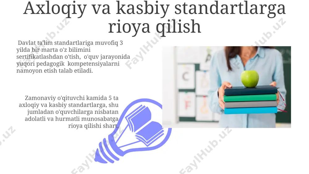 ning belgisi hisoblanadi. pedagogik jarayonda 21-asr ko'nikmalarini (kritik fikrlash, muammolarni hal qilish, hamkorlik) rivojlantirishga qaratilgan 5 dan ortiq amaliy mashqlarni samarali qo'llash zamonaviy o'qituvchining muhim mahorati hisoblanadi. ota-onalar bilan hamkorlik o'quvchilarning 70% o'zlashtirish darajasini oshirish uchun ota-onalar bilan birgalikda individual ta'lim rejalari ishlab chiqish va ularning amalga oshirishini kuzatish zarur. ota-onalar yig'ilishlarini samarali o'tkazish uchun, interfaol usullar, masalan, brainstorming yoki guruhlarga bo'lib topshiriqlar berish orqali, kamida 3 ta muhim masala bo'yicha fikr almashish kerak. o'z ustida doimiy ishlash va malakasini oshirish o'qituvchining o'z ustida ishlashi, 3 yilda kamida bitta ilmiy maqola yoki konferensiya materiallarini nashr etish orqali o'zining tadqiqot faoliyatini namoyon etishi bilan baholanadi. o'z ustida ishlashga 20% dan kam bo'lmagan vaqt ajratish, pedagogik mahoratini oshirish bo'yicha kamida 5 ta yangi texnologiya yoki metodlarni o'rganishni nazarda tutadi. salomatlik va xavfsizlik masalalari 01 02 zamonaviy maktablarda o'quvchilarning salomatligi va xavfsizligi uchun kamida 2 ta tibbiyot xodimi va 5 nafar birinchi tibbiy …