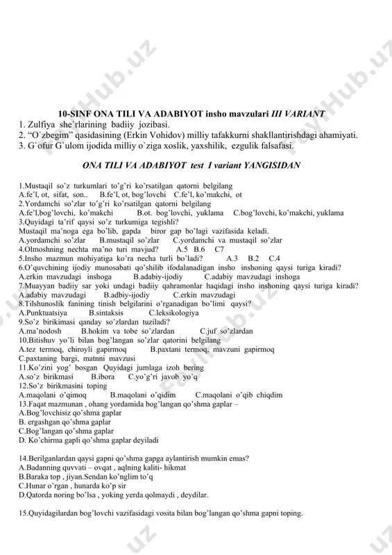 ita qaysi? 20. nuqtalar o’rniga mos keluvchi bog’lovchini qo’ying. og’ziga kelganni demoq nodon ishi… oldiga kelganni yemoq hayvon ishi. 21.“choyxonada uzun bo’yli, uzun kulohli qalandar ko’zlarini yumib, qalin, yangroq ovozini baland qo’yib, mashrabdan g’azallar o’qiydi”. parcha qaysi asardan olingan? a) “kecha va kunduz” b) “qutlug’ qon” c) “mehrobdan chayon” d) “qiyomat qarz” asos:9-sinf ii-qism, 42-bet 22.”dahshat” hikoyasi qahramoni unsinning otasini kasbi nima edi? a) cho’pon b) savdogar c) tegirmonchi d) dehqon asos:7-sinf 319-bet 23.”boburnoma”ning samarqand tasvirida keltirgan chilsutun oliy imorati qaysi bog’ o’rtasida qurilgan edi? a)“bog’i maydon” b) “bog’i dilkusho” c) “bog’i jahon” d) “bog’i bo’ldudur” asos:9-sinf i-qism 110-bet 24.”asar voqea-hodisalarining o’zaro shaklan joylashuvi boshqa asarlardan keskin farq qiladi. unda go’yo bir-biri bilan bog’lanmaydigan qator hikoyalar, rivoyatlar hatto qissalar aralash tartibda kelaveradi. ularda tasvirlangan voqea-hodisalar ham zamon, ham vaqt nuqtayi nazaridan izchil tizimga bo’ysunmaydi” ta’rif qaysi asar haqida? a) “ufq” b) “chinor” c) “qutlug’ qon” d) “oq kema” asos:8-sinf ii-qism …