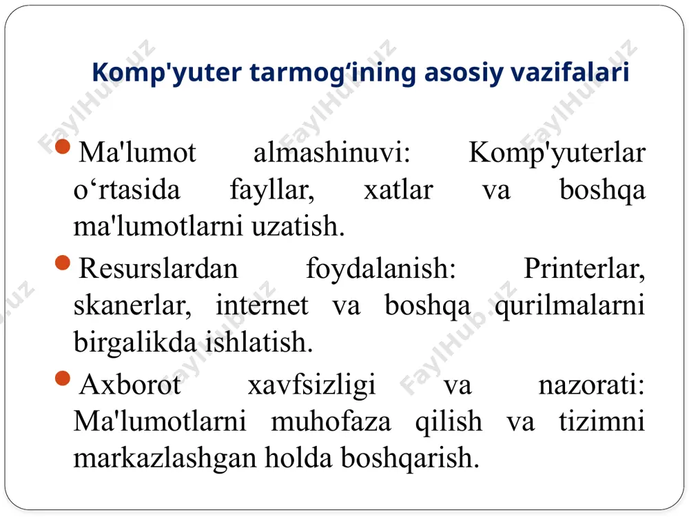 yondashuv ma'lumot uzatishda samarali ekanligini isbotladi. uning muvaffaqiyati zamonaviy internetni shakllantirgan texnologiyalar, jumladan elektron pochta, masofaviy kirish va fayl almashish tizimlarini rivojlantirish uchun asos bo'ldi. image2.png image3.png image4.png image5.png image6.png image7.png image8.png image9.png image10.png image11.png image12.png image13.png image14.png /docprops/thumbnail.jpeg
