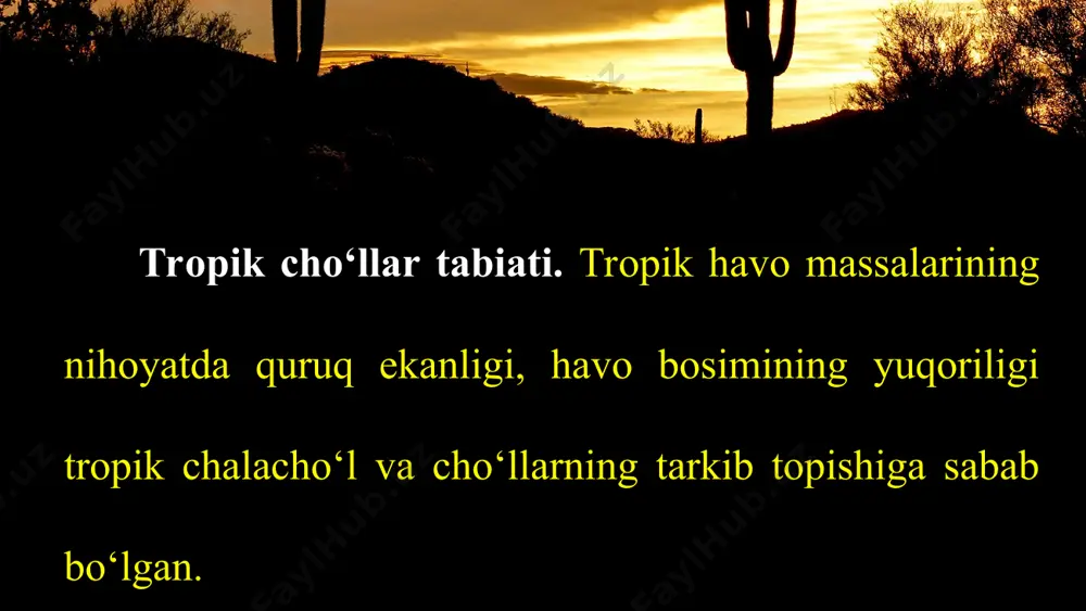 rdan tashkil topgan subtropik zona joylashgan. shimoliy subtropikdagi atlas tog‘larining 3 000 m dan tepa qismida qishda havo sovib (–10 –17 °c gacha), qor yog‘adi. ba’zi joylarda qorning qalinligi 2 m ga yetadi. sohil va tog‘ yonbag‘irlarida makvis, zaytun, pakana palma, probka emani (dub) o‘rmonlari, yuqoriroqda yirik atlas kedri, tis (butasimon daraxt), yana balandroqda (1 500 — 3 000 m) keng bargli o‘rmonlar, undan balandda alp o‘tloqlari joylashgan. bu zonada hayvon turlari ko‘p. kattaligi quyonday keladigan o‘txo‘r daman tog‘larda to‘da bo‘lib yashaydi. uni ovlashadi va go‘shtini iste’mol qilishadi. yana turli kemiruvchilar, dumsiz makaka, yirtqichlardan chiyabo‘ri, yovvoyi mushuk, qoplon, sirtlon, sudralib yuruvchilardan kaltakesak, ilon, echkemar, toshbaqalar yashaydi. ba’zan chigirtkalar bosqinidan qishloq xo‘jaligi ancha zarar ko‘radi. janubiy afrika subtropik landshaftida kiðaris, kap zaytuni, kumush daraxti, kedr, afrika yong‘og‘i, kap kashtani, sariq daraxt va turli o‘t o‘simliklar o‘sadi.