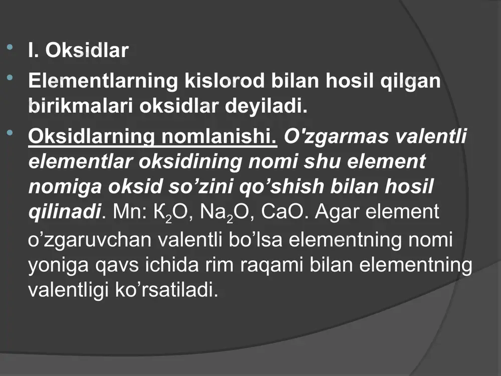 sifatida reaksiyaga kirishib, tuz va suv hosil qiladigan oksidlar amfoter oksidlar deyiladi. masalan: zno, sno, pbo, as2o3, cr2o3, ai2o3, sb2o3, mno2, pbo2, fe2o3 kimyoviy xossalari: ai2o3 + 6hci = 2aici3 + 3h2o ai2o3 + 2naoh = 2naaio2 + h2o 4. indiferent yoki betaraf oksidlar. tuz hosil qilmaydigan oksidlarga betaraf oksidlar deyiladi. mn: no, co, n2o kimyoviy xossalari: 2no + ci2 → 2noci ii. kislotalar kislota tarkibida vodorod atomi bo’lgan va uning o’rnini metall atomlari olishi natijasida tuz hosil qiladigan murakkab moddalar. mn: 2ai + 6hci = 2aici3 + 3h2↑ mg + h2so4 = mgso4 + h2↑ kislotalar tarkibidagi vodorod atomining soniga qarab bir necha negizli bo’ladi. masalan: hci, hbr, hf, ch3cooh, hno3, hno2. hcio2 – 1 negizli h2co3, h2c2o4, h2s, h2so3, h2so4 – 2 negizli h3bo3, h3po4, h3aso4, - 3 negizli kislotalar suvdagi eritmalarda negizligiga qarab bir necha bosqichda dissotsilanadi. masalan: hci ↔ h+ + ci- h2so4 ↔ h+ + …