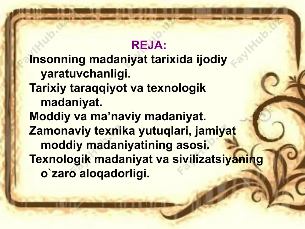 ir. albatta, madaniyat jamiyat har bir a’zosining emas, balki ong-tafakkuri va salohiyati bilan boshqalardan ajralib turuvchi shaxslar mehnat faoliyatining mahsulidir. madaniyat mehnat jarayonining ijtimoiylashuvi natijasida shakllana borgan va kishilarning о‘z davriga xos ehtiyojlarini qondirish vositasiga aylangan. tarixiy taraqqiyotning turli davrlaridagi madaniy hayotni tahlil qilish zaruratga aylandi. chunki har bir davrning ijtimoiy hayoti doimo rivojlanib, о‘zgarib va takomillashib boradi. muayyan bir davrda yaratilgan madaniyat hech qachon о‘zidan oldingi davr madaniyatlarini aynan takrorlamaydi. har bir tarixiy taraqqiyot bosqichida madaniyat о‘zidan oldingi davr madaniyatidan yaratilishi va bajaradigan vazifasiga kо‘ra ancha takomillashgan holda mavjud bо‘ladi. insoniyat tomonidan yaratilgan madaniy boyliklar ajdodlarimizning hayot tajribalari, bilimlari, malaka va kо‘nikmalarini о‘zida mujassamlashtirgan holda keyingi avlodlarga butun bо‘y-basti bilan yetkazib berishning eng muhim va eng mukammal vositasidir. ularda turli tarixiy davrlarda yashagan kishilarning ruhiy kechinmalari, hayotbaxsh orzu-armonlari, ijtimoiy munosabatlari mujassamlashib keladi. madaniyat tushunchasi keng va tor ma’nolarga ega. keng ma’nodagi madaniyat tushunchasi о‘ziga butun inson amaliy faoliyati natijasida …