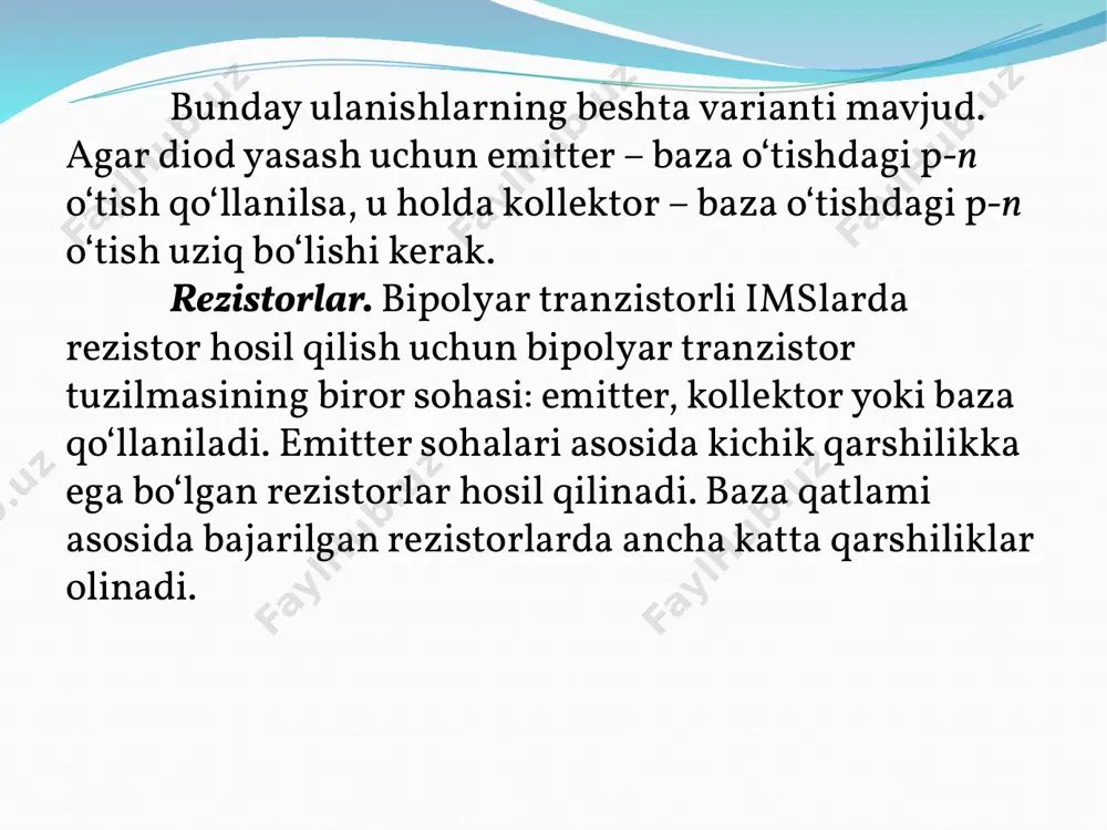 sh) ni ko‘rinishida berilayotgan axborotni qayta ishlash hisoblanadi. elektr signallari uzluksiz (analog) yoki diskret (raqamli) shaklda ifodalanishi mumkin. shu sababli, analog signallarni qayta ishlaydigan mikrosxemalar – analog integral mikrosxemalar (ais), raqamli signallarni qayta ishlaydiganlari esa – raqamli integral sxemalar (ris) deb ataladi. raqamli sxemalar asosida sodda tranzistorli kalit (ventil) sxemalar yotadi. kalitlar ikkita turg‘un holatni egallashi mumkin: uzilgan va ulangan. sodda kalitlar asosida ancha murakkab sxemalar yasaladi: mantiqiy, bibarqaror, triggerli (ishga tushuruvchi), shifratorli, komporatorlar va boshqa, asosan hisoblash texnikasida qo‘llaniladigan. ular raqamli shaklda ifodalangan axborotni qabul qilish, saqlash, qayta ishlash va uzatish fuksiyasini bajaradilar. integral mikrosxemalarning murakkablik darajasi komponent integratsiya darajasi kattaligi bilan ifodalanadi. bu kattalik raqamli imslar uchun kristallda joylashishi mumkin bo‘lgan mantiqiy ventillar soni bilan belgilanadi. 100 ta dan kam ventilga ega bo‘lgan imslar kichik integratsiya darajasiga ega bo‘lgan imslarga kiradi. o‘rta darajali islar 10², katta islar 10²10⁵, o‘ta katta islar 10⁵10⁷ va ultra katta islar10⁷ darajadan ortiq …
