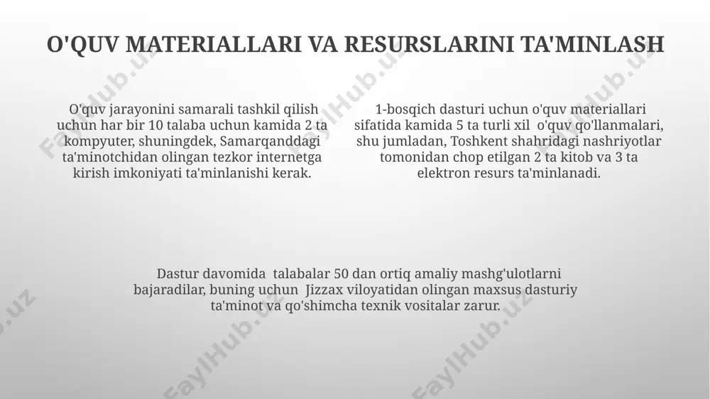 ining samaradorligini oshirish uchun 2023-yilgi yangilangan o'quv qo'llanmalaridan va 3 ta asosiy fan bo'yicha namunaviy dars rejalaridan foydalanish tavsiya etiladi. o'quv jarayonini boshqarish va monitoring o'quv jarayonini boshqarishda 50 dan ortiq talaba bo'lgan toshkentdagi maktablarda elektron jurnal tizimidan foydalanish samaradorligini 20% ga oshirish kuzatildi. samarqanddagi 3 ta litseyda o'quv rejalari va dars jadvallarini optimallashtirish natijasida o'qituvchilarning ish yuklamasi 15% ga kamaydi. surxondaryo viloyatidagi 10 ta umumta'lim maktabida o'quvchilarning yutuqlarini monitoring qilish tizimi joriy etilgandan so'ng, o'rtacha ballar 7 ballga oshdi. ta'lim faoliyatining samaradorligini oshirish 2022-yilda toshkent shahridagi 5 ta maktabda o'tkazilgan tadqiqotlar ta'lim faoliyatining samaradorligini 15% ga oshirish imkoniyatini ko'rsatdi, bu yangi pedagogik texnologiyalarni qo'llash bilan bog'liq. samarqand viloyatida 200 dan ortiq o'qituvchilarning ishtiroki bilan o'tkazilgan treninglar natijasida darslarning o'rtacha samaradorligi 10 ball shkalasi bo'yicha 2 ballga oshdi, bu o'quvchilarning bilim darajasini yuksaltirdi. andijon shahridagi pedagogika kollejida 30 nafar talaba bilan o'tkazilgan amaliy mashg'ulotlar natijasida ta'lim jarayonini tashkil etishning yangi …