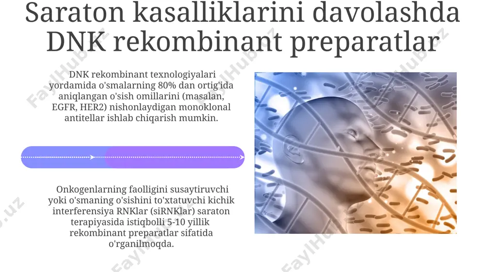 iyalaridan foydalanish tufayli, diabetga chalingan 1-toifa bemorlar uchun yuqori tozalikdagi inson insulinini olish imkoniyati yuzaga keldi, bu esa allergik reaksiyalar xavfini sezilarli darajada kamaytirdi. dnk rekombinant texnologiyalarining kelajagi crispr-cas9 texnologiyasining rivojlanishi tufayli gen terapiyasi samaradorligi 90% ga yetishi va arzonlashishi mumkin. keyingi 20 yilda dnk rekombinant texnologiyalari inson organizmining qarish jarayonini sekinlashtirish va umrini uzaytirish uchun qo'llanilishi mumkin. dnk rekombinant texnologiyalari va immunomodulyatorlar dnk rekombinant texnologiyasi yordamida viruslarga qarshi yangi vaktsinalar yaratilmoqda, ularning samaradorligi an'anaviy vaktsinalarga qaraganda 15-20% yuqori. dnk rekombinant texnologiyalari yordamida 100 dan ortiq turdagi terapevtik oqsillar, jumladan, interferonlar va interleukinlar kabi immunomodulyatorlar ishlab chiqarilmoqda. dnk rekombinantlarining tibbiyotdagi qo'llanilishiga kirish dnk rekombinant texnologiyalari yordamida 200 dan ortiq turli xil dorilar, shu jumladan insulin va gormonlar ishlab chiqariladi, bu esa millionlab bemorlarning hayotini saqlab qolmoqda. monoklonal antitellarni ishlab chiqarishda rekombinant dnk texnologiyalaridan foydalaniladi, bu esa saraton va boshqa kasalliklarni davolashda yuqori samaradorlikka erishish imkonini beradi. e'tiboringiz uchun rahmat @taqdimot_robot …