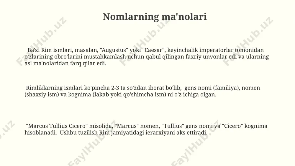 riga bog'liq. “cognomina”lar, odatda, rim fuqarolarining 3-chi ismi bo'lib, oilaning kelib chiqishi, kasbi yoki jismoniy xususiyatlari kabi o'ziga xos xususiyatlarni ifodalaydi. masalan, "magnus" (buyuk) yoki "scipio" (qo'ziqorin). ismlarning zamonaviy qo'llanilishi rimliklarning ismlarini lotin tilida yozishda, taxminan 200 dan ortiq turli xil ismlar qo‘llanilgan bo‘lib, ularning 30 foizi ayollarga, qolgan 70 foizi erkaklarga tegishli edi. rim imperiyasi davrida, taxminan 1-5 asrlarda, 1000 dan ortiq turli xil familiyalar ro‘yxatga olingan, ularning grammatik tuzilishi va kelib chiqishi jihatidan o‘rganish juda qiziqarli. lotin tilidagi rim ismlarining zamonaviy qo‘llanilishini tahlil qilishda, 50% dan ortig‘i evropaning turli mamlakatlarida, 15% esa aqshda keng tarqalganligini kuzatish mumkin. erkaklar va ayollar ismlari rimlik erkaklarning ismlari, masalan, gaius, marcus va lucius kabi, ko'pincha 3 ta ismni o'z ichiga olgan bo'lib, ularning ba'zilari familiya sifatida ishlatilgan. rim davrida taxminan 200 ga yaqin ayol va 500 ga yaqin erkak ismlari mavjud bo'lgan bo'lib, ularning aksariyati ma'lum bir xudo yoki fazilat bilan bog'liq …