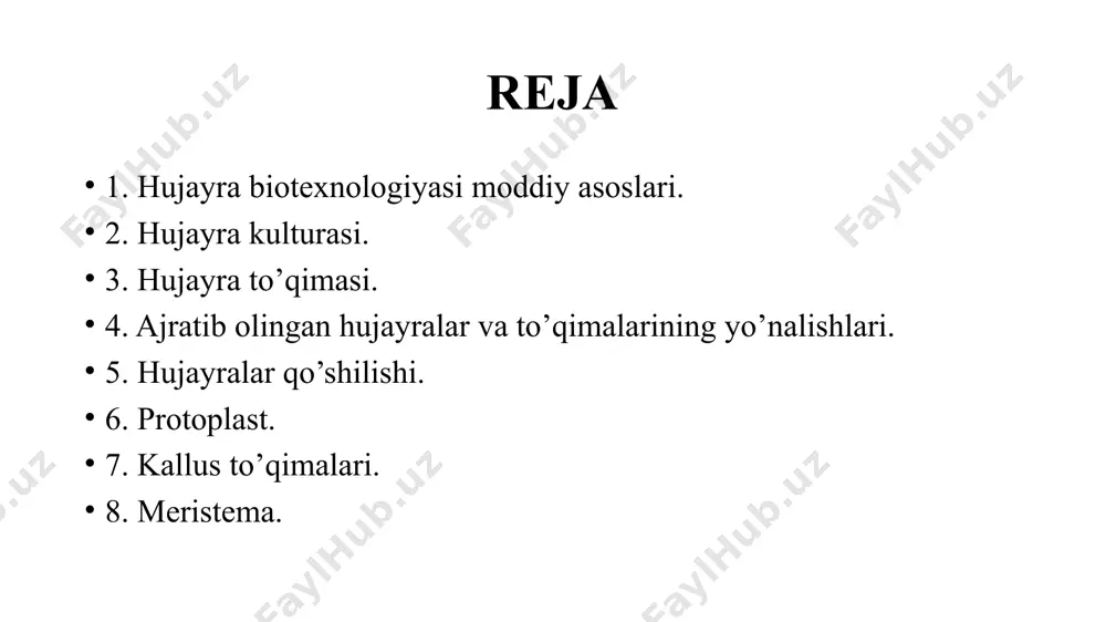 gan hujayralar va to’qimalarni biotexnologiyadagi rolini uch yo’nalishda ko’rish mumkin: birinchi yo’nalish ajratib olingan o’simlik hujayrasini tibbyot, veterinariya, kosmetika va boshqa sohalar uchun zarur bo’lgan ikkilamchi metabolitlar : alkoloidlar, steroidlar, glyukozidlar, gormonlar, efir moylari va boshqa biologik faol moddalar sintez qilish imkoniyati bilan bog’liq. ma’lumki, ikkilamchi metabolitlar qattiq (agarli) yoki suyuq ozuqa muhitida o’stirilgan kallus to’qimalardan olinadi. hujayra texnologiyasi asosida diosgenin – dioskore hujayrasidan; aymolin – ilon rasvolfi hujayrasidan; umumiy kuch beruvchi moddalar – jenshen hujayrasidan; va x.k. ajratib olinadi va tibbiyot hamda parfyumeriyada ishlatiladi. shuni e’tiborga olish kerakki, o’stiriladigan hujayralarni hosildorligi, butun o’simlikni hosildorligidan ancha baland. bunday usul bilan ikkilamchi metabolitlar ajratib olishni yana bir ustunlik tomoni shundaki, muayyan sharoitda o’simlikni o’zini o’stirish imkoniyati bo’lmagan sharoitda (sovuq yoki issiq iqlimli mintaqalarda), ularni hujayralarini butun yil maboyinida o’strish mumkin. ikkinchi yo’nalish – ajaratib olingan hujayralarni, o’simliklar seleksiyasida ishlatish va shu orqali tez rivojlanuvchi, har xil tashqi muhit ta’siriga chidamli (issiqqa, …