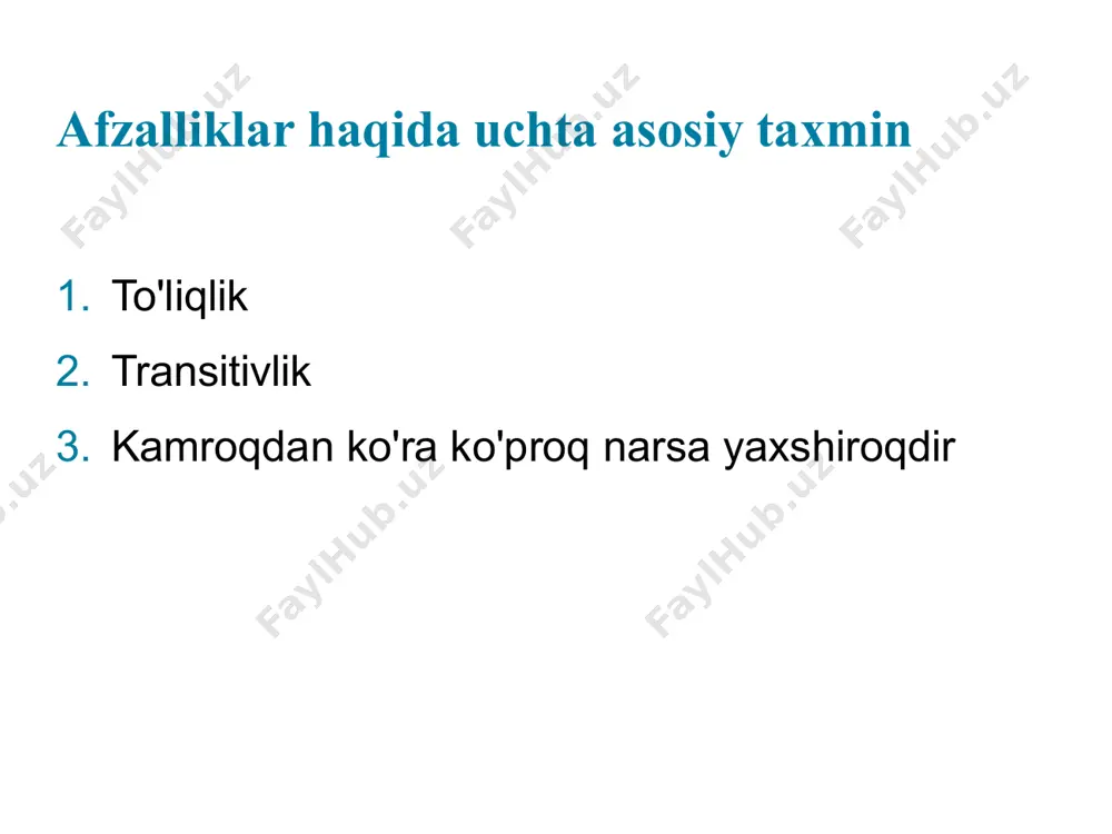 alashtirilgan taxminlarni keltirib chiqarishi kerakligini aniq ko'rsatmoqchimiz. shuni ham ta'kidlashni istaymizki, ushbu model iste'molchilar tanlovi va iste'molchilarga bo'lgan talabning xususiyatlariga nisbatan kuzatayotgan narsalarning aksariyatini tushuntirishda juda muvaffaqiyatli bo'ldi. natijada, ushbu model iqtisodiyotning asosiy "ishchi oti" dir. u nafaqat iqtisodiy, balki boshqa sohalarda ham keng qo'llaniladi 4 copyright © 2016, 2012, 2009 pearson education, inc. all rights reserved afzalliklar haqida uchta asosiy taxmin to'liqlik transitivlik kamroqdan ko'ra ko'proq narsa yaxshiroqdir iste'molchilarning xulq-atvori nazariyasi odamlarning bitta bozor savatchasini boshqasiga nisbatan afzalligi to'g'risida uchta asosiy taxminlardan boshlanadi. ushbu taxminlar aksariyat hollarda ko'pchilik odamlarga tegishli deb hisoblaymiz. to'liqlik: afzalliklar to'liq deb hisoblanadi. boshqacha qilib aytganda, iste'molchilar barcha mumkin bo'lgan savatlarni taqqoslashlari va saralashlari mumkin. shunday qilib, har qanday a va b bozor savatlari uchun iste'molchi a dan b ni afzal ko'radi, b dan a ni afzal ko'radi yoki ikkalasi o'rtasida befarq bo'ladi. befarqlik bilan biz har biri uchun har ikkala savatdan ham teng darajada …