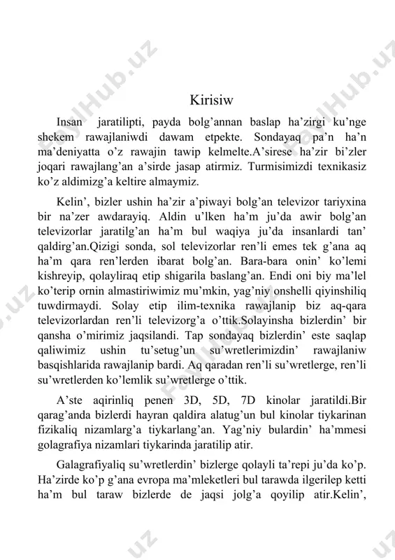 ifrakciyasi ja’rdeminde qayta tiklenip, dene bolmasada oni imkaniyati ju’zege keledi. fotoplastinkada jazip aling’an tayanish ha’m denen tolqinlari payda qilg’an interferenciyon ko’riniske gologramma dep ataladi. lazer nuri eki bo’limge ajratiladi: 1-bo’limi aynag’a, al 2-bo’limi denege bag’itlandiriladi. nurdin’ 1-bolimi aynadan qaytip fotoplastinkag’a tu’sse (tayanish tolqin), 2-bo’limi deneden qaytip fotoplastinkag’a tu’sedi(dene tolqini). bul tolqinlar kogerent bolg’anlig’i ushin fotoplastinkada interferenciya ko’rinisi ju’zege keltiredi. tayanish dene tolqinlarinin’ qosiliwi na’teyjesinde payda bolg’an interferenciya ko’rinisinin’ fotoplastinkadag’i su’wreti shig’arilip gologramma payda boladi. golografiya ko’rinisin tiklew. ko’rinisti tiklew ushin gologramma da’slepki ornina qoyiladi. ol tayanish tolqini menen jaqtilandirilip, lazerdin’ dene arqali tu’setug’un bo’limi tosip qoyiladi. fotoplastinkag’a tu’sip atirg’an nurdin’ interferencion ko’rinistegi difraksiyasi na’tiyjesinde dene tolqininin’ ko’shirmesi, yag’niy denenin’ jormal ko’lemlik ko’rinisi tiklenedi. ko’riniste denenin’ barliq qa’siyetleri ja’mlengen bolip golografiyag’a shekem qay jerde turg’an bolsa, sol jerde turadi. ol son shelli real ko’rinedi, uslap ko’riw mu’mku’ndey boladi. bunnan tisqari, baqlaw gologrammanin’ on’ ta’repinen su’yir mu’yesh astinda alip barilsa, na’rsenin’ haqiyqiy …