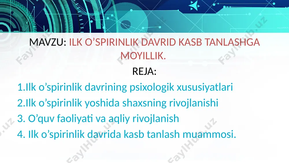 rning eng muhim ko’rsatkichlaridan biri fuqarolik pasportini olishi, saylash va saylanish huquqini qo’lga kiritilishi bularning barchasi uning fuqaro sifatida yetukligining ko’rsatkichidir. this presentation uses a free template provided by fppt.com www.free-power-point-templates.com . ilk o’spirinlik davrida mehnat va o’qish asosiy faoliyat sifatida muhim o’rin egallaydi. ilk o’spirinlik yoshida jo’shqin kuch-g’ayrat shijoat mardlik katta va qahramonona ishlarga romantk ravishda intilishlari avj olgan yosh davridir. ilk o’spirinlik davrida psixik rivojlanishning xarakatga keltiruvchi kuch maktab jamoasi va o’quv faoliyati tomonidan qo’yiladigan talablar darajasining keskin ortishi bilan u erishgan psixik rivojlanish darajasi o’rtasidagi qarama-qarshilikdan iboratdir. bu qarama-qarshiliklar ilk o’spirinlik davrida o’quvchilarning ahloqiy, aqliy va ijodiy kuchlarini intensiv taraqqiyoti yo’li bilan hal etiladi. this presentation uses a free template provided by fppt.com www.free-power-point-templates.com ilk o’spirin shaxsida o’zining psixik hayotiga o’z shaxsining sifatlariga o’z qobiliyatlariga chuqur qiziqish o’yg’otadi xuddi shuning uchun ham xatti-harakatlariga nazar tashlash o’z his-tuyg’ularini va kechinmalarini bilib olish ehtiyoji paydo bo’ladi. ilk o’spirin yoshidagi …