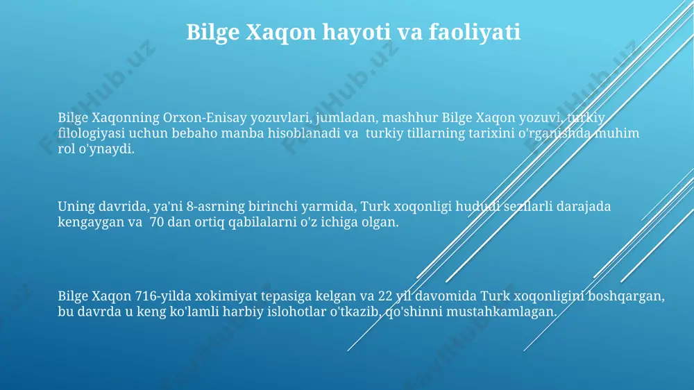 anini va bu sohada 20 dan ortiq ilmiy maqola nashr etilganini koʻrsatmoqda. zamonaviy tadqiqotlar yozuvning 727-yilga oid boʻlish ehtimolini yuqori deb baholaydi, bu esa turk xokimiyatining kengayishi va mintaqaviy siyosiy munosabatlarni oʻrganishda muhim ahamiyatga ega. yozuvning paleografik xususiyatlari va materiallarini tahlil qilish, taxminan 10 ga yaqin turli xil materiallar va usullarning qoʻllanilganini va ularning vii asrga oid sanʼat va hunarmandchiligi bilan bogʻliqligiga ishora qiladi. bilge xaqon yozuvining kashf etilishi yozuvning taxminan 1500 ga yaqin so'zlardan iborat ekanligi aniqlangan va ular qad. turkiy yozuvida yozilgan. bilge xaqon yozuvi 1889-yilda, v.v.radlov tomonidan mongoliyaning qara-balgʻasun shahridagi qabriston kompleksida topilgan va o'rganilgan. yozuv ikkita stela ustida joylashgan bo'lib, ularning balandligi taxminan 3 metr va kengligi 1 metrni tashkil etadi, umumik uzunligi esa bir necha metrga yetadi. harbiy yutuqlar va mag'lubiyatlar yozuvda xokimlik davrida boshdan kechirilgan 7 ta asosiy harbiy mag‘lubiyat, ularning sabablari va oqibatlari qayd etilgan bo‘lib, strategik ahamiyatga ega hududlarni yo‘qotish xaqida ma'lumotlar …