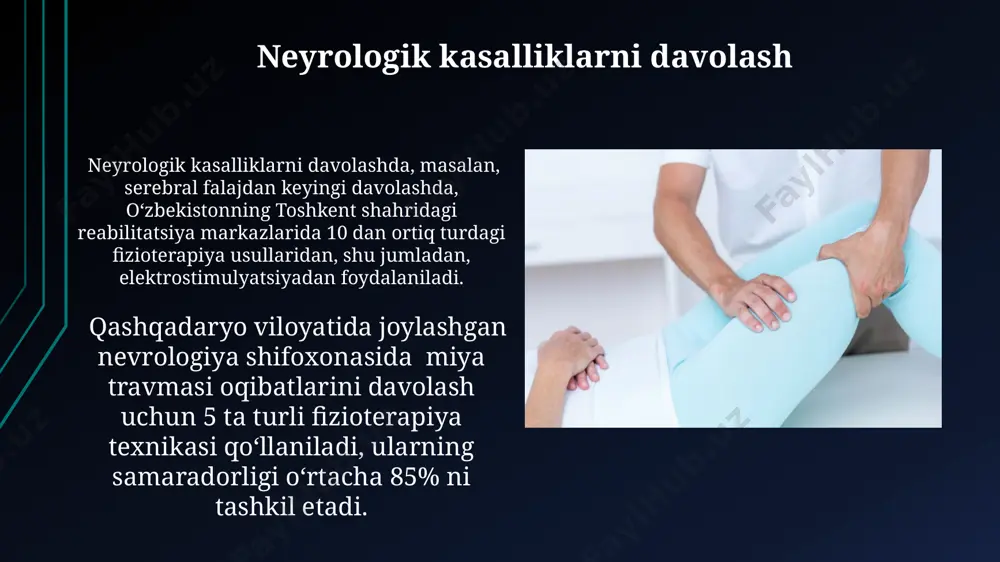 a markazlarida 32-36°c haroratdagi suvda o'tkaziladi va bu mushaklarning gevşemesi va og'riqni kamaytirishga yordam beradi. elektroterapiya elektroforez usuli bilan, 5-10 ma tok kuchi yordamida, dorilarni teridan chuqurroq joylashgan to'qimalarga yetkazish, masalan, yallig'lanishga qarshi vositalarni samarkanddagi shifoxonalarda muvaffaqiyatli qo'llanilmoqda. interferentsial toklar (1000-5000 hz), naxchiyon viloyatidagi fizioterapiya bo'limlarida, 20-40 minut davomida qo'llanib, chuqur joylashgan to'qimalarga ta'sir etib, og'riqni va mushak spazmlarini samarali bartaraf etishda qo'llaniladi. fizioterapiya nima? fizioterapiya – bu 100 dan ortiq turdagi davolash usullarini o‘z ichiga olgan, jismoniy muolajalar yordamida sog‘lomlashtirishga qaratilgan tibbiyot sohasi bo‘lib, jahonning ko‘plab mamlakatlarida, jumladan, o‘zbekistonning toshkent shahridagi klinikalarda qo‘llaniladi. fizioterapiyaning samaradorligi turli xil kasalliklar, jumladan, 2-toifa diabet, osteoporoz va 30 dan ortiq mushak-skelet tizimi kasalliklarini davolashda klinik jihatdan tasdiqlangan. ultratovush terapiyasi ultratovush terapiyasi jarayonida to'qimalarni 40-50 darajagacha qizdiradi va shu bilan qon aylanishini yaxshilaydi, bu esa to'qimalarning tiklanishini tezlashtiradi, masalan, toshkentdagi reabilitatsiya markazlarida keng qo'llaniladi. o'zbekistonda ultratovush terapiyasi turli xil kasalliklarni davolashda, shu jumladan, 50 …