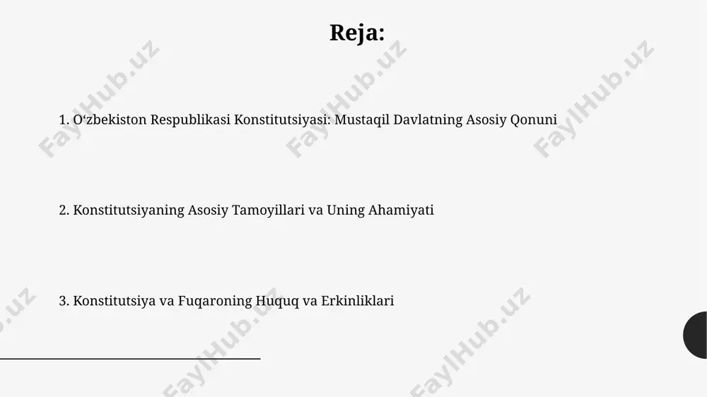 voz bilan qabul qilingan boʻlib, mamlakatning mustaqilligini huquqiy jihatdan mustahkamladi. konstitutsiyaviy nazorat va adliya tizimi konstitutsiyaviy sud 12 nafar sudyadan iborat boʻlib, ular oʻzbekiston respublikasi oliy majlisi tomonidan 7 yil muddatga tayinlanadi. konstitutsiyaviy nazorat tizimi qonunlarning konstitutsiyaga muvofiqligini taʼminlash, huquqiy nizolarni hal qilishda muhim rol oʻynaydi. inson huquqlari va erkinliklari konstitutsiya inson huquqlari va erkinliklarining universal xarakterini aks ettirib, ularning bevosita amal qilishini ta'minlaydi, jumladan, 12 yoshdan oshgan shaxslarning fikr bildirish huquqini ham. inson huquqlari va erkinliklari konstitutsiyaning 24-moddasida 25 ta asosiy huquq va erkinliklarni kafolatlaydi, ularning bajarilishi davlat tomonidan ta'minlanadi. qonun chiqaruvchi, ijrochi va sud hovlilarining vakolatlari konstitutsiya, qonun chiqaruvchi, ijrochi va sud hokimiyatlari o'rtasidagi vakolatlarni aniq belgilaydi va ularning bir-biriga bo'ysunmasligini kafolatlaydi, 125 dan ortiq moddalar orqali. o‘zbekiston respublikasi konstitutsiyasi qonun chiqaruvchi hokimiyatni oliy majlisga, ijrochi hokimiyatni prezidentga va hukumatga, sud hokimiyatini esa sudlar tizimiga taqsimlaydi. fuqarolarning huquq va majburiyatlari fuqarolarning soliq to'lash, qonunlarga bo'ysunish va vatan himoyasida …
