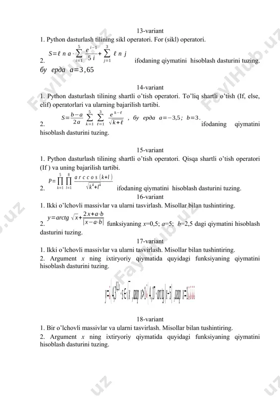 5 , 0 0 , | | 0 , 1 3 3 2 x агар x n l х агар e x x агар x x g t c y x g t c | | 2 b a x b a x x arctg y × - × + + = 3 2 | | 5 , 0 3 nx a x x x tg y l × + + + = . 5 ; 75 , 0 = = a x ерда бу 2 3 2 x ctg z x arctg y + = x z 5 = 89 , 0 = х ( ) ï î ï í ì × = 1 , 16 , 0 1 , | 5 | 17 , 4 1 , 3 , 4 2 , 0 x агар x g t с х агар x tg c r a x агар …