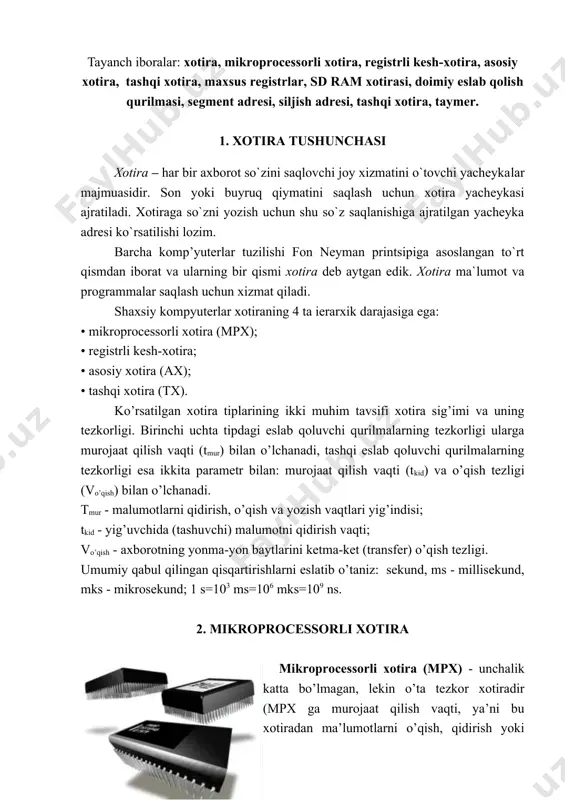 i bilan o’lchanadi). u mashina ishlashining yaqin taktlarida hisoblashlarda qatnashadigan ma’lumotlarni qisqa vaqt saqlash, yozish yoki berish uchun mo’ljallangan; mpx mashinaning yuqori tezkorliligini ta’minlash uchun ishlatiladi, negaki asosiy xotira (ax) tez harakat qiladigan mikroprocessorni samarali ishlashi uchun kerak bo’lgan ma’lumotlarni qidirish, o’qish va yozish tezligini har doim ham ta’minlay olmaydi. mikroprocessorli xotira razryadliligi mashina so’zidan kam bo’lmagan tez harakat qiladigan registrlardan tashkil topgan. registrlarni soni va razryadliligi turli mikroprocessorlarda turlicha: 8086 mp da 14 ta ikki baytli registrlardan to pentium mp dagi turli uzunlikdagi bir nechta o’nlab registrlargachadir. mikroprocessor registrlari umumiy vazifali va maxsus registrlarga bo’linadi. maxsus registrlar turli adreslarni (xotira segmentlarining adreslari - asegm, xotira yacheykalarining segmentlar ichida siljish adreslari - abaza, aqayd , asil buyruqlar va b.), amallarni bajarilish natijalari va shk ning ish rejimlari belgilarini (masalan, bayroqchalar registri) va b. saqlash uchun ishlatiladi. umumiy vazifali registrlar universal hisoblanadi va istalgan ma’lumotlarni saqlash uchun ishlatilishi mumkin, lekin ularning …