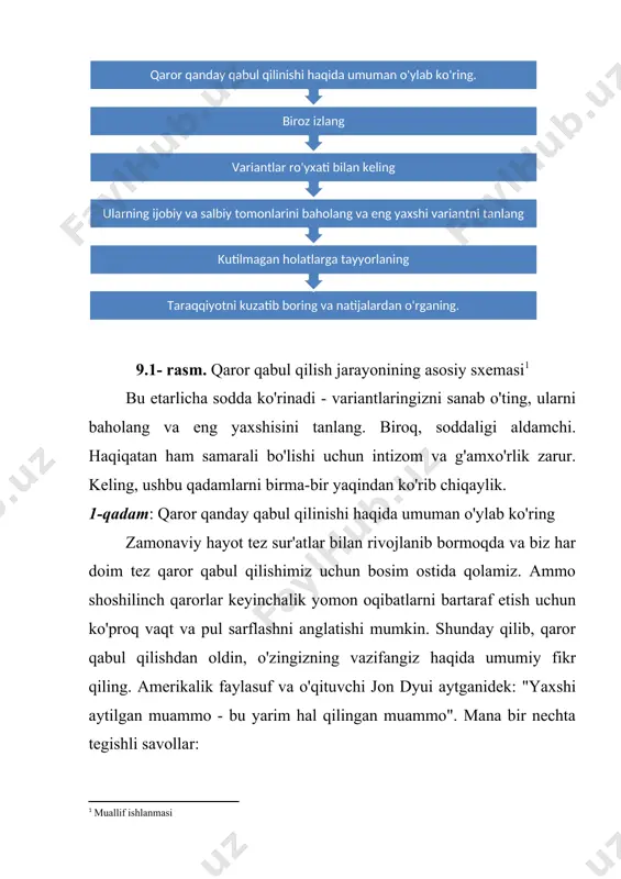 o'rganmaysiz. · bu haqda o'ylashga qancha vaqt sarflashim kerak? hayot ahamiyatsiz narsalar haqida qayg'urishga sarflash uchun juda qadrlidir. ichkilikni haddan tashqari ko'p iste'mol qilish, bu etarli darajada o'ylamaslik kabi gunohdir! · asosiy masala nima? eng muhim qaror qaysi? ba'zi qarorlar boshqalarga bog'liq va asosiy qarorlar birinchi navbatda bo'lishi kerak. masalan, pulingizni qanday qilib sarmoya kiritishga qaror qilishdan oldin, avval qancha mablag 'sarflashingiz va qancha tavakkal qilishingiz mumkinligi to'g'risida qaror qabul qilishingiz kerak. · qarorimga salbiy ta'sir ko'rsatadigan narsa bormi? qarorlar bir tomonlama bo'lishi mumkin. hozirgi vaziyatda sizning ob'ektivligingizga ta'sir qilishi mumkin bo'lgan biron bir narsa bor-yo'qligini o'ylab ko'ring. hissiyot paytida katta qarorlar qabul qilish odatda yaxshi fikr emas. imkoningiz bo'lsa, qarorni qoldiring yoki keyinroq xotirjamroq bo'lganingizda qarorni bajaring. 2-qadam: bir oz tadqiq qiling ma'lumot odatda yaxshiroq qaror qabul qilishimizga yordam beradi. internet asrida xarid qilishni o'ylab ko'ring. qimmatbaho buyumni sotib olishdan oldin, onlayn tekshiruvlarni tekshirib, narxlarni taqqoslash yaxshi fikr. boshqa …