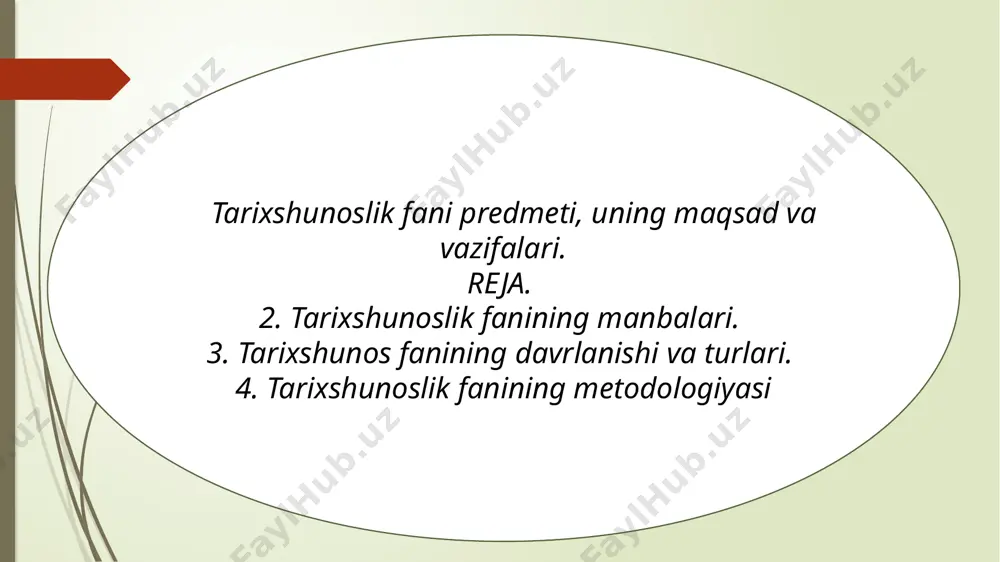 aratilgan yoki ma’lum bir muammoga bag’ishlangan tarixiy tadqiqotlarni o’rganadi va tahlil qiladi. tarixshunoslik x, balki maxsus tarix fanlari (masalan, sharqshunoslik, etnologiya, arxeologiya va boshqalar) tarixi bilan ham shug’ullanadi. tarixshunoslikning asosiy vazifasi tarix fani rivojini chuqur va har tomonlama xolisona o‘rganish, muayyan taraqqiyot davrida to’plangan tarixiy bilimlarni tahliliy tadqiq etishdan, amalga oshirilgan ishlarning natijasini chiqarishdan hamda shu asosda tadqiq etilgan dolzarb muammolarni aniqlab, kelgusi tadqiqotlarning yunalishlarini belgilashdan, tarixchilarni muayyan tarixiy ilmiy muammo doirasidagi adabiyotlarga yunaltirishdan iborat. tarixshunoslik shuningdek, fan taraqqiyotida o’z o’rniga ega bo’lgan ilmiy tarixshunoslik markazlari tarixini, unda faoliyat ko’rsatgan ilmiy kadrlarning salohiyati, ularning fan rivojiga qo’shgan hissalarini o’rganish kabi vazifalarni ham bajaradi. tarixshunoslik tadqiqotlarda tadqiqotchining vazifasi o’zidan avvalgi bosqichlarda yaratilgan ilmiy asarlarni zamonaviy bilimlar nuqtai nazaridan o’rganish, ularning ijobiy va salbiy jihatlarini taxlil qilishdan iborat. tarixshunoslik vatan tarixini o‘rganishda, tarixiy muammolar ustida bahs yuritishga, ijodkorlikka ilhomlantiradi. tarixshunoslik tarix faniga nisbatan yangi fan hisoblanadi. o’rta asrlarda yaratilgan ba’zi tarixiy asarlarda, …