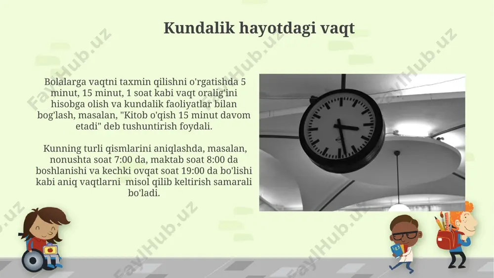 'ilgan kunlarni va boshqa muhim voqealarni belgilashni o'rgating. bu ularga vaqt o'tishi va voqealarning ketma-ketligi haqida tasavvur hosil qilishga yordam beradi. masalan, 30 kunlik oyda nechta hafta bo'lishini aniqlash. soat bilan tanishish soatning 12 soatlik va 24 soatlik formatlarini farqlash, ularning kunduzgi va tun davomida qanday ishlatilishini tushuntirish, bolalarga vaqtni aniqlashda yordam beradi. kunning 24 soatli tsikli ichida har bir soatning qancha minutdan iboratligini (60 minut) va ularning kunning turli qismlariga (ertalab, tush, kechqurun, tun) qanday taalluqli ekanligini o'rgatish muhim. vaqt birliklari: daqiqa, soat bir soat 60 daqiqadan iborat bo'lib, bu 3600 sekundga teng keladi. bolalarga soat va daqiqaning nisbatini tushuntirish uchun soat sohasidagi harakatlarni kuzatish va hisoblash mashqlari foydali bo'ladi. kunning 24 soati bor va har bir soat 60 daqiqaga bo'lingan. bolalarga bu nisbatni tushuntirish uchun o'yinlar, masalan, 15 daqiqada qancha vazifani bajarish mumkinligi haqidagi o'yinlar foydali. o'yinlar orqali o'rgatish "kun qismlari" jumboqini yarating: 24 soatlik kunning 3 asosiy …