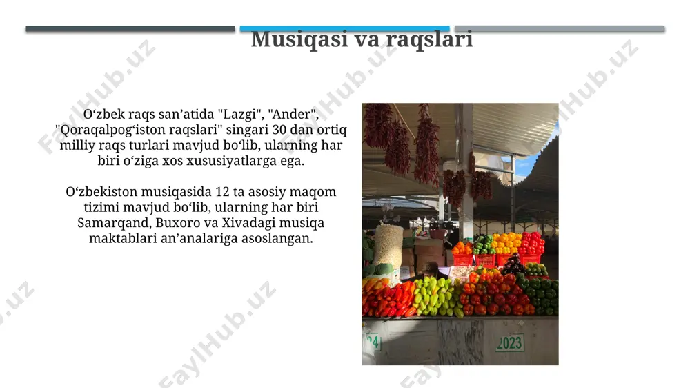 dollari miqdorida investitsiyalar jalb qilingan boʻlib, bu samarqand va buxoro kabi tarixiy shaharlarga tashrif buyuruvchilar sonining oshishiga olib keldi. xiva shahridagi itchan-qal’a qal’asi yuneskoning jahon merosi roʻyxatiga kiritilgan boʻlib, yiliga 1 milliondan ortiq sayyohlarni jalb qiladi va mamlakat turizm daromadlariga sezilarli hissa qoʻshadi. madaniyati va anʼanalari oʻzbek milliy liboslarida, jumladan, "dolma" va "chapan"larda qoʻllaniladigan 50 dan ortiq turdagi anʼanaviy naqsh va kashtalar mavjud boʻlib, ularning har biri maʼlum bir mintaqa yoki qabilaning oʻziga xos xususiyatlarini ifodalaydi. samarqanddagi registon maydonida joylashgan uchta madrasaning – ulugʻbek, sherdor va tillya-kori madrasalarning meʼmoriy uslubi 15-asr oʻzbek meʼmorchiligining yuksalishini aks ettiradi va dunyo miqyosida 300 dan ortiq sayyohlarni jalb qiladi. arxitekturasi samarqanddagi registon maydonidagi uchta madrasa – o‘lmasxon, sherdor va tillya-kori madrasalari 15-17-asrlarda qurilgan bo‘lib, o‘zining murakkab geometrik naqshlari va kuchli ranglar uyg‘unligi bilan mashhur. buxoroning poi kalyan majmuasida joylashgan kalyan minora balandligi 47 metr bo‘lib, 12-asrda qurilgan va o‘zining g‘isht ishlari texnikasi va bezaklarining …