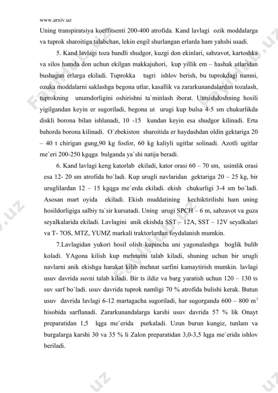 n zararlanish darajasiga boglik. lavlagi tehnik jihatdan etilganda uning ildiz mevasi yiriklashib bargi sargaya boshlaydi. ana shu vaktda uning hosilini yigishtira boshlash mumkin. kand lavlagi yigishtirib olinishidan oldin uning bargi oktyabr, noyabr oylarida kir – 1,5 mashinasi bilan urib olinadi. ildiz mevasi esa mtz – 80 mtz- 60 traktorlariga urnatilgan mahsus lavlagi kutargichlariga eki guza poya kovlagichlarda kovlanadi. hozirgi paytda 1 soatda 40 t lavlagini yigishtirib oladigan zamonaviy kombaynlar mavjud. ildiz mevani saklash uchun chukurligi 50 – 70 sm, kengligi 15- 200 sm, uzunligi hosil mikdoriga karab tayerlangan mahsus handaklarda saklanadi. lavlagi 30 s da muzlaydi, muzlab kolgan mevasi ishlatishga yaramaydi. 8. urug olish uchun birinchi yilgi usuv davrida uruglikbop lavlagi etishtirishladi eki kech ezda eki kuzning boshlanishida urug ekib keyingi yil yigishirib olinadi. dastlab elitaurugchilik eki urugchilik hujaliklarida elita va birinchi reproduktsiyali urug etishtiriladi. bu yukori sifatli urug ekilib onalik ildiz meva etishtiriladi. onalik ildiz meva etishtirish uchun urug …