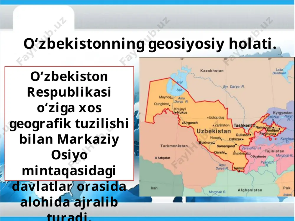 yillarida mamlakatimiz 133 davlat bilan rasmiy diplomatik munosabatlar o‘rnatgan, toshkentda 45 ta xorijiy davlatning elchixonalari, 9 ta faxriy konsullik, 11 ta xalqaro tashkilotlarning vakolatxonalari faoliyat olib bormoqda. 1996-yil “o‘zbekiston respublikasi tashqi siyosiy faoliyatining asosiy prinsiplari to‘g‘risida”gi qonun qabul qilindi. 2012-yil sentabrda o‘zbekiston respublikasining “tashqi siyosiy faoliyati konsepsiyasi” e’lon qilindi. tashqi siyosat tamoyillari. -o‘zbekiston respublikasi tashqi siyosatining asosiy tamoyillari quyidagilardan iborat: mafkuraviy qarashlardan qat’i nazar hamkorlik uchun ochiqlik, umuminsoniy qadriyatlarga, tinchlik va xavfsizlikni saqlashga sodiqlik; -davlatlarning suveren tengligi va chegaralar daxlsizligini hurmat qilish; boshqa davlatlarning ichki ishlariga aralashmaslik; nizolarni tinch yo‘l bilan hal etish; -kuch ishlatmaslik va kuch bilan tahdid qilmaslik; inson huquqlari va erkinliklarini hurmatlash; -ichki milliy qonunlar va huquqiy normalardan xalqaro huquqning umume’tirof etilgan qoidalari va normalarining ustuvorligi. savol va topshiriqlar: 1. quyidagi jadvalni to‘ldiring. o‘zbekistonning geosiyosiy holati haqida, qulay va noqulaylik sabablarini keltiring. 2. qo‘shimcha adabiyotlardan foydalanib, 2018-yil yanvarda prezident shavkat mirziyoyevning o‘zbekistonning xorijiy davlatlardagi elchilari bilan uchrashuvi …