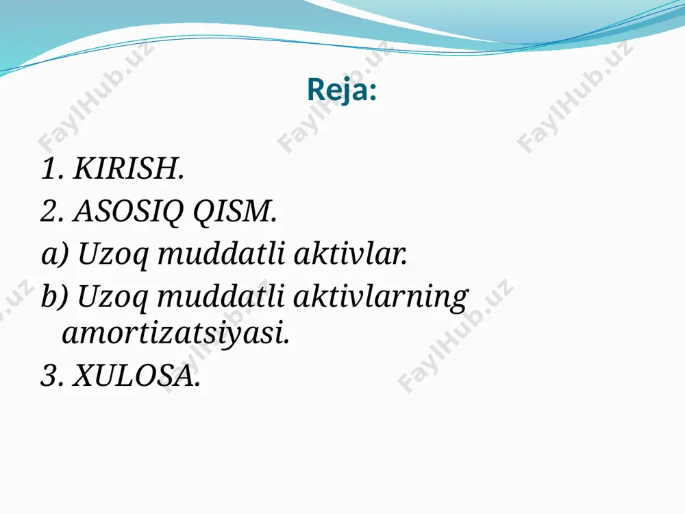 arni tezda o`zgartirish va yangi mahsulot ishlab chiqarishga moslashtirish imkoni cheklangan; v) bu aktivlarning ko`p qismi past likvidli aktivlar sirasiga kiritiladi va zarur paytlarda korxona majburiyatlari bo`yicha to`lovlar uchun pul mablag`lariga aylantirish tezligi pastdir. ularga quyidagilar kiradi: asosiy vositalar — ishlab chiqarish jarayonida bir yildan ortiq muddatda ishlatiladigan, har bir donasining narxi sotib olish paytida eng kam oylik ish haqining ellik baravaridan yuqori bo`lgan, kelgusida korxona iqtisodiy naf keltiradigan aktivlar kiradi. ishlab chiqarish jarayonida ular asta- sekin eskirib boradi. asosiy vositalarga yer, yerni obodonlashtirish, bino va inshootlar, asbob va uskunalar, hisoblash texnikasi, ofis mebeli, transport vositalari, ishchi va mahsuldor hayvonlar va boshqalar kiradi. nomoddiy aktivlar — moddiy ko`rinish va shaklga ega bo`lmagan biroq ishlab chiqarish jarayonida bir yildan ortiq muddatda ishlatiladigan, hisobda boshlang`ich bahosiga ega bo`lgan va ishlab chiqarish jarayonida eskirib boradigan aktivlarga aytiladi. - ixtirolardan foydalanish uchun olinadigan patent huquqi; - ayrim turdagi faoliyat turlari bilan shug`ullanish huquqini qo`lga …