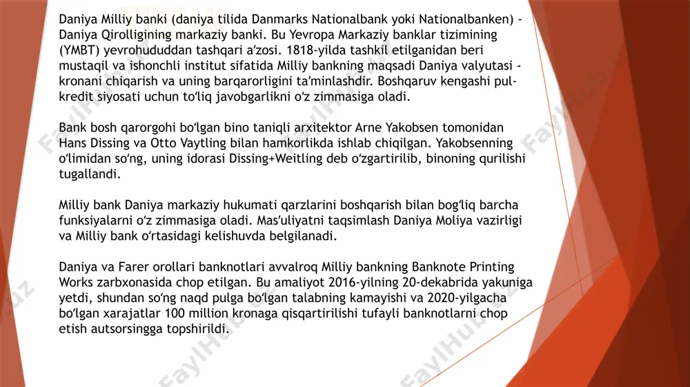 aniqli arxitektor arne yakobsen tomonidan hans dissing va otto vaytling bilan hamkorlikda ishlab chiqilgan. yakobsenning oʻlimidan soʻng, uning idorasi dissing+weitling deb oʻzgartirilib, binoning qurilishi tugallandi. milliy bank daniya markaziy hukumati qarzlarini boshqarish bilan bogʻliq barcha funksiyalarni oʻz zimmasiga oladi. masʼuliyatni taqsimlash daniya moliya vazirligi va milliy bank oʻrtasidagi kelishuvda belgilanadi. daniya va farer orollari banknotlari avvalroq milliy bankning banknote printing works zarbxonasida chop etilgan. bu amaliyot 2016-yilning 20-dekabrida yakuniga yetdi, shundan soʻng naqd pulga boʻlgan talabning kamayishi va 2020-yilgacha boʻlgan xarajatlar 100 million kronaga qisqartirilishi tufayli banknotlarni chop etish autsorsingga topshirildi. bank 1818-yil 1-avgustda daniya qiroli frederik vi tomonidan tashkil etilgan. xususiy bankka valyuta chiqarish boʻyicha 90 yillik monopoliya berildi, u 1907-yilda 1938-yilgacha uzaytirildi. 1914-yilda milliy bank daniya hukumatining yagona bankiriga aylandi. bank 1936-yilda hukumatdan toʻliq mustaqil boʻldi. bank 1818-yil 1-avgustda daniya qiroli frederik vi tomonidan tashkil etilgan. xususiy bankka valyuta chiqarish boʻyicha 90 yillik monopoliya berildi, u 1907-yilda 1938-yilgacha …