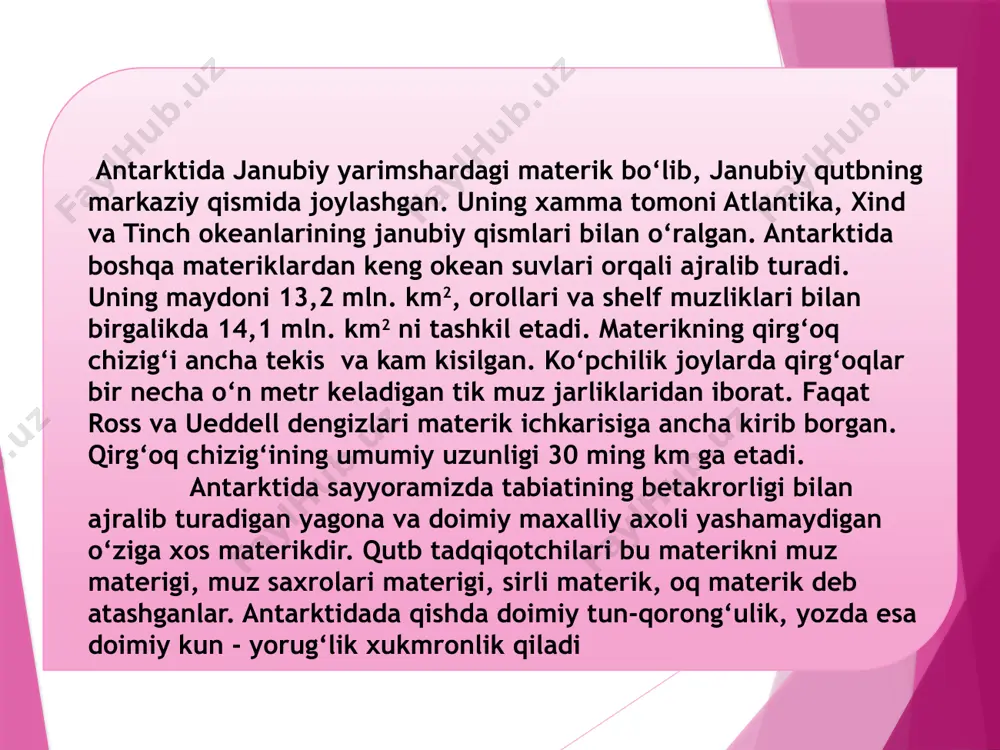 iyadagi kabi yil davomida atiga 30-50 mm yog‘in yog‘adi. yog‘in asosan qor shaklida yog‘adi. xavoning nisbiy namligi o‘rtacha 73-78% ga teng. antarktidaning geologik tuzilishi va muz osti relefi xalqaro geofizika yiliga qadar keng ko‘lamda va etarli darajada tadqiq etilmagan. 1955 yillarga qadar ayrim olimlar antarktida yuzasini dengiz satxidan baland ko‘tarilgan va muzlik bilan qoplangan yassi tog‘lik deb faraz qilib kelgan. xozirgi zamon fan va texnika yutuqlariga asoslangan tadqiqot uslublari materikning geologik tuzilishi va muz osti relefi xaqida aniq tasavvur berishga imkon beradi. olib borilgan tekshirishlar natijasiga ko‘ra antarktida er yuzasini-ng tuzilishi boshqa materiklar singari xilma-xil. uning yuzasini 35% ga yaqin qismi okean satxidan past. boshqa joylarda esa pattekisliklar-dan tashqari muzlik qalqoni ostida tog‘ tizmalari va tog‘ massivlari borligi xam aniqlandi. jumladan litl-amerika va berd stansiyalari oralig‘idagi muz osti er yuzasi dengiz satxidan 1000 m past ekanligi, yoki janubiy geografik qutbning amundsen-skott stansiyasi joylashgan muz osti er yuzasi dengiz satxidan 1285 …