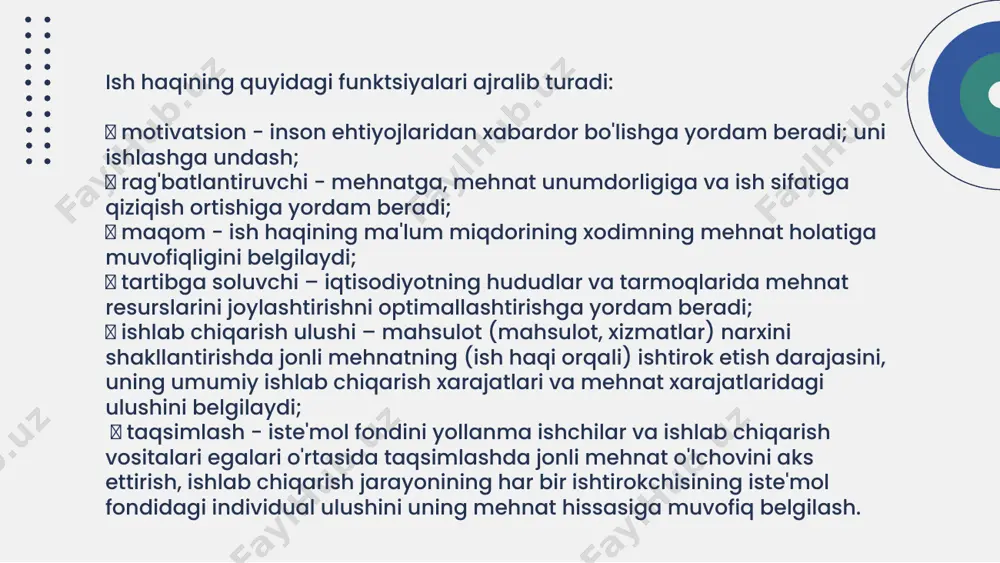 ilanadi. odatda bu foiz to'lov miqdorining 35 dan 45% gacha. tarifsiz mehnatga haq to'lash tizimining afzalliklari shundaki, u mehnat natijalarini hisobga olishni va ish haqini hisoblashni soddalashtiradi, ularni har bir xodim uchun tushunarli va tushunarli qiladi; shu munosabat bilan ish haqi miqdori va mehnatning jamoaviy natijalari va har bir shaxsning shaxsiy hissasi miqdori va uning malakasi o'rtasidagi bog'liqlik mustahkamlanadi. image1.jpeg image2.jpeg image3.jpeg image4.jpeg image5.jpeg bonus employee reward benefits promotion offer