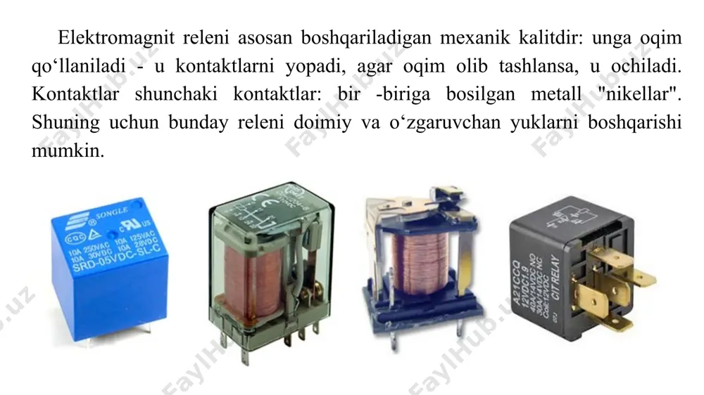 adigan kalit, bu arduino signalidan so‘ng, ikkita kontur orasidagi o‘rta kontaktni o‘zgartiradi va shu bilan sxemani ochadi yoki yopadi. arduinoga ulanish uchun 3 ta pin ishlatiladi: ikkita quvvat pini (5v va gnd) va bortdagi raqamli pinga ulanadigan boshqaruv pini (masalan, pin raqami 3). relening boshqa tomonida yana uchta kontakt bor, lekin yukni ulash uchun (masalan, lampochka) - ikkitasi lampochkaning boshqaruv kontaktlarini ulaydi, ikkinchisi esa bo‘sh qoladi (releni ichida) , u yerga ulangan). shuning uchun, rele yoqilganda, com (umumiy) va nc (odatda yopiq) kontaktlari yopiladi va chiroq yonadi va rele o‘chirilganda boshqa kontaktlar yopiladi - com (umumiy) va no (odatda ochiq) ). lampochkaning kontaktlari 220v tarmoqqa ulangan bo‘lishi kerakligini unutmang. modelni yig‘ish uchun bizga quyidagilar kerak: arduino uno / arduino nano / arduino mega platasi; panel; 1 ta rele; 220 voltli 1 lampochka; quvvat manbai 220 volt; papa-papa va papa-mama simlari. modelning arduinoga ulanish sxemasi quyidagicha: mustaqil ishlash uchun topshiriqlar: 1. …