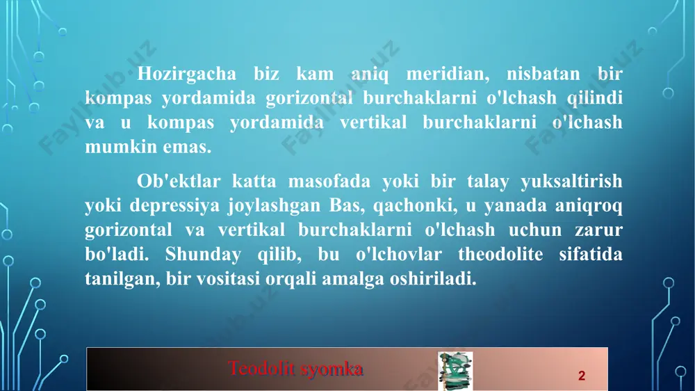 tida tanilgan. bu obyektiv va uning davomi optik markaziga diafragma xochi patlarni kesishishi nuqtasini ulash o'ylab chiziq bo'ladi. 19 teodolit syomka gorizontal burchaklarni o'lchash: takrorlash usuli. gorizontal burchak so'zlarni takrorlab o'lchash uchun: - boshlanish nuqtasi o da teodolit o'rnatish va aniq darajasi. gorizontal burchak aob o'lchash. pastki qulf azobga kiritinglar va soat teleskop o'girib - yana ko'rinadiki ob'ektga o'q (a). a mikrometre vida yuqori yordamida aniq b kesmoq. verniers endi vaqtda nazar ikki marta qiymatini o'qib beradi. o a b gorizontal burchagi aob 32 teodolit syomka gorizontal burchaklarni o'lchash: takrorlash usuli. takrorlash usuli. o a b c d bu usul gorizontal burchaklarni o'lchash nisbatan kam zerikarli usuli aniq va boshqa bo'ladi. qoida tariqasida, afzal, muayyan uchastkasida o'lchanishi uchun bir necha burchaklari bo'lsa. bu usul ko'proq izchil burchaklarni o'lchash va, nihoyat, boshlang'ich nuqtada ufqni yopib iborat. vernier a final o'qish, uning dastlabki o'qishda bir xil bo'lishi kerak. 34 teodolit syomka vertikal …