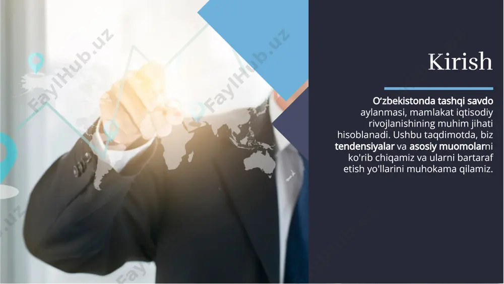 molar mavjud. bu qiyinchiliklar orasida byurokratiya, narxlar o'zgarishi va transport muammolari mavjud. tashqi savdo aylanmasida bir qator muomolar mavjud. bu qiyinchiliklar orasida byurokratiya, narxlar o'zgarishi va transport muammolari mavjud. byurokratik to'siqlarbyurokratik to'siqlar savdo jarayonlarida byurokratik to'siqlar ko'plab muammolarni keltirib chiqaradi. ularni bartaraf etish uchun soddalashtirish va raqamli tizimlarni joriy etish zarur. savdo jarayonlarida byurokratik to'siqlar ko'plab muammolarni keltirib chiqaradi. ularni bartaraf etish uchun soddalashtirish va raqamli tizimlarni joriy etish zarur. transport muammolaritransport muammolari transport muammolari ham tashqi savdoga salbiy ta'sir ko'rsatadi. yangi transport yo'llarini ochish va infratuzilmani rivojlantirish bu muammoni hal qilishda yordam beradi. transport muammolari ham tashqi savdoga salbiy ta'sir ko'rsatadi. yangi transport yo'llarini ochish va infratuzilmani rivojlantirish bu muammoni hal qilishda yordam beradi. strategiyalar: innovatsiyalar strategiyalar: innovatsiyalar innovatsiyalar va yangi texnologiyalar, tashqi savdo aylanmasini rivojlantirishda muhim rol o'ynaydi. ular samaradorlikni oshirish va xarajatlarni kamaytirishga yordam beradi. innovatsiyalar va yangi texnologiyalar, tashqi savdo aylanmasini rivojlantirishda muhim rol o'ynaydi. ular …