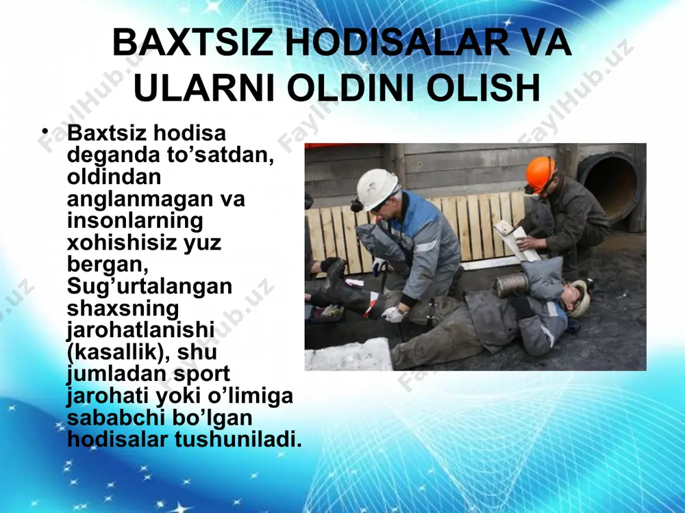 shirilishi, mehnatni muhofaza qilishga doir qonunlar va boshqa me’yoriy hujjatlarga rioya etilishi ustidan a) davlat nazoratini - maxsus vakolatga ega bo’lgan davlat idoralari va ularni inspekstiyalari; b) jamoatchilik nazoratini - kasaba uyushmasi tashkilotlari nazoratni amalga oshiradilar. mehnatni muhofaza qilishiga doir qonunlar va boshqa normativ xujjatlar ro’yxati jarohat – tana a'zolarini va to`qimalarni kutilmagan holatda tashqi ta'sir ostida shikastlanishdir. jarohatlar ikki turli bo`ladi: 1-ishlab chiqarish jarohatlari; 2-maishiy jarohatlar. ishlab chiqarish jarohatlari o`z navbatida - mеxanik (urib olish, kеsilib kеtishi, ezilish va h.k.); - kimyoviy (kimyoviy kuyishlar); - issiqlik (kuyish va muzlatib olish); - elеktrik (elеktr zarbalar); - aralash jarohatlar turlariga bo`linadi. jarohatlarni tadqiq qilish turlari. jarohat – tana a'zolarini va to`qimalarni kutilmagan holatda tashqi ta'sir ostida shikastlanishdir. jarohatlar ikki turli bo`ladi: 1-ishlab chiqarish jarohatlari; 2-maishiy jarohatlar. ishlab chiqarish jarohatlari o`z navbatida - mеxanik (urib olish, kеsilib kеtishi, ezilish va h.k.); - kimyoviy (kimyoviy kuyishlar); - issiqlik (kuyish va muzlatib olish); - …