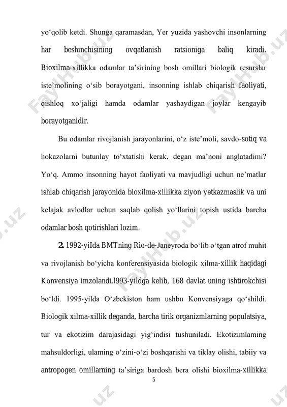 rdan foydalanishda ularga putur yetkazmaydigan mexanizmlami ishlab chiqish va joriy qilish. biologik xilma-xillik, oddiy hayotiy shakllarga nisbatan ancha keng qamrovli. u nafaqat amaliy tekshirishlaming yo‘nalishlarini aniqlaydi, balki shunday maqomga egaki, agar biologik xilma-xillik mavjud bo‘isa, ekotizimning barqarorligi mustahkam bo‘ladi. shuning uchun ham uni doimiy ravishda himoya qilish maqsadga muvofiq va tabiatni muhofaza qilish tadbirlarida biologik xilmaxillikni asrash masalasiga alohida e’tibor beriladi har yili 2001-yildan beri 22-mayda butunjahon biologik xilma-xillik kuni nishonlaniladi. ushbu kun bmt bosh assambleyasi tomonidan 1994 yilda qabul qilingan biologik xilma-xillik to'g'risidagi konventsiyasi (btk) 8 ishtirokchilari tavsiyasiga asosan 1995-yilda maxsus qaror (№ a / res / 49/119) e'lon qildi. oldiniga butunjahon biologik xilma-xillik kunini 29-dekabrda - biologik xilma-xillik to'g'risidagi konventsiya kuchga kirgan kunni nishonlash tavsiya qilindi. shu bilan birga, yil davomida nishonlanadigan ko'p sonli bayramlar tufayli ko'plab mamlakatlarda kunni nishonlash uchun tadbirlarni rejalashtirish va o'tkazishda qiyinchiliklarga duch keldi va bu sana 22-mayga o'zgartirildi. biologik xilma-xillik bugungi kunda tezda …