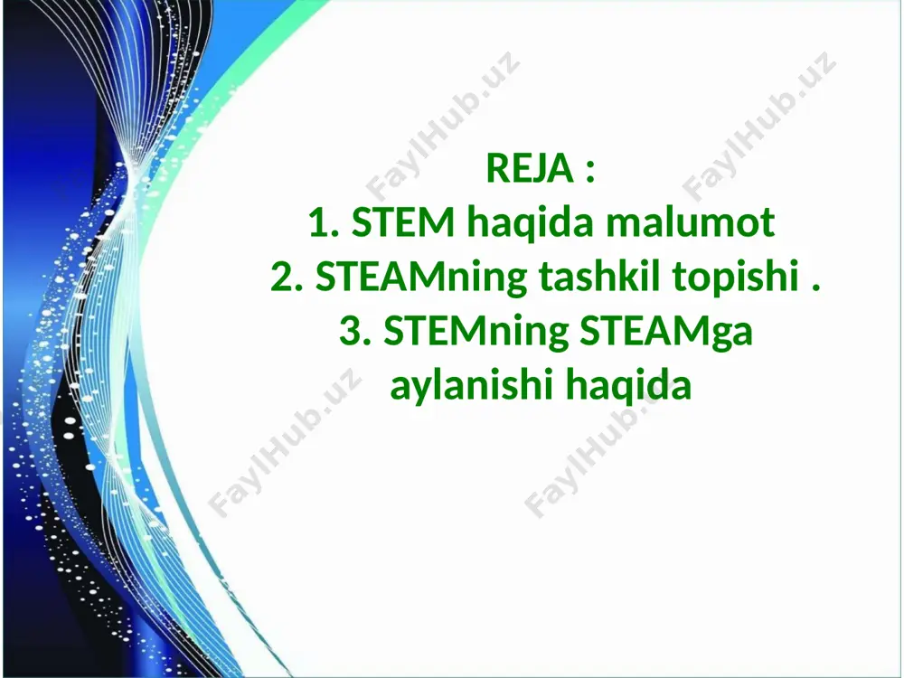 alarni faqat turli sohalardagi bilimlarga tayanib va ​​birgalikda ishlash orqali hal qilish mumkinligini tushunadilar. bu erda faqat bitta mavzu bo’yicha bilimga tayanish etarli emas. steam ta’limi nafaqat o’qitish usuli, balki fikrlash tarzidir. steam ta’lim muhitida bolalar bilimga ega bo’ladilar va darhol undan foydalanishni o’rganadilar. shuning uchun, ular o’sib ulg’ayganlarida va hayotiy muammolarga duch kelganda, atrof muhitning ifloslanishi yoki global iqlim o’zgarishi bo’ladimi, bunday murakkab masalalarni faqat turli sohalardagi bilimlarga tayanib va ​​birgalikda ishlash orqali hal qilish mumkinligini tushunadilar. bu erda faqat bitta mavzu bo’yicha bilimga tayanish etarli emas. image1.jpeg image2.png image3.jpeg image4.jpeg image5.jpeg image6.jpeg image7.jpeg