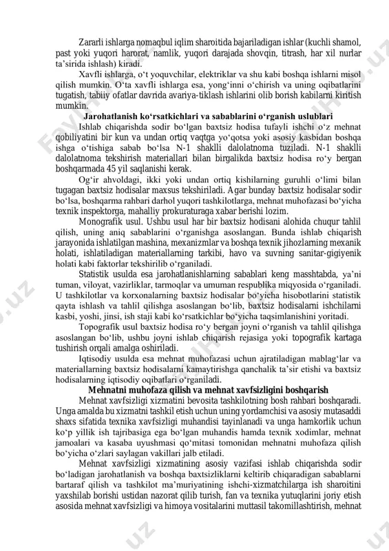 ultratovush, turli xi1 nurlanishlar, statik elektr zaryadlari, yuqori kuchlanishdagi elektr yoki magnit maydonlari, yoritilganlik darajasining me’yordan chetga chiqishi kabi omillar kiradi. kimyoviy omillarga ishlab chiqarish jarayonlarida ishlati-ladigan yoki ajralib chiqadigan turli xil kimyoviy moddalar kiradi. ularni insonga ta’sir etish xususiyatiga qarab quyidagi guruhlarga ajratish mumkin: umumiy zaharlovchi, ko‘payish funksiyalariga ta’sir etuvchi; inson a’zolariga kirish уo‘li orqali esa: nafas olish уo‘li orqali ta’sir etuvchi, ovqatlanish va hazm qilish tizimi orqali va bevosita teri orqali ta’sir etuvchi. biologik omillarga esa har xil jarohatlar va kasalliklarni keltirib chiqaruvchi mikro va makroorganizmlar: bakteriyalar, virus-lar, rikket, zamburug‘lar, har xil zaharli o‘simliklar vа hayvonlar kiradi. psixofiziologik omillarga jismoniy va asabiy zo‘riqishlar misol bo‘la oladi. jismoniy zo‘riqishlar statik, dinamik va giperdinamik holda bo‘lishi mumkin. asabiy zo‘riqish esa kuchli aqliy mehnatdan, mehnatni doimiy bir xil ko‘rinishda bo‘lishidan, kuchli hayajonlanish yoki asabiylashishdan sodir bo‘ladi. ishlab chiqarishdagi ko‘pgina holatlarda ushbu faktorlar umumlashgan holda uchraydi. ishlab chiqarishda baxtsiz hodisalarning oldini olish …