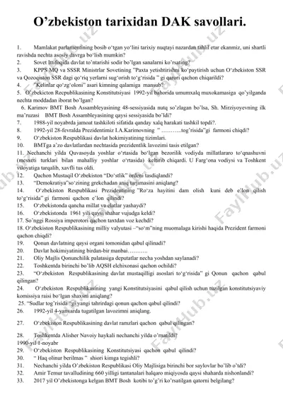 o’zbekiston tarixidan dak savollari — DOCX