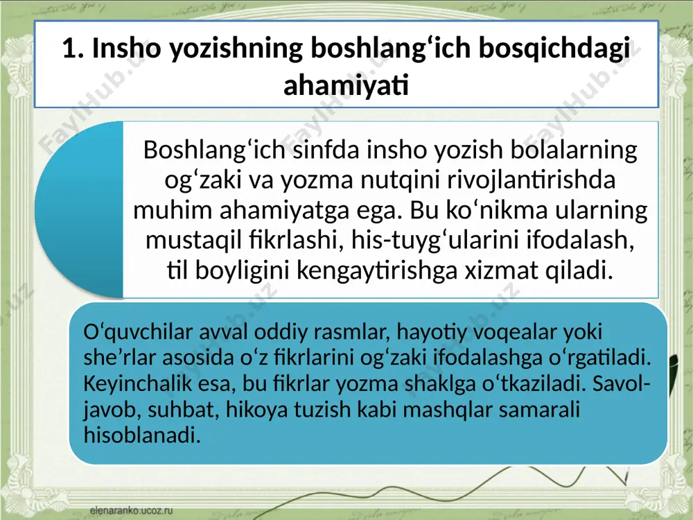 lashtirish hikoyada ishtirok etuvchi personaj tilidan qayta hikoya qilsh insho material manbayiga ko’ra kitob materiali rasmlar, film, spektakl, o’qituvchi hikoyasi va boshqa manbalar asosida insho o’quvchining o’zi- ko’rgan bilganlari, eshitganlari haqidagi, kuzatishlar, ekskursiyalar, o’yinlar, o’z tajribasi va boshqa jonli materiallar asosida insho turli manbalar materialidan foydalanadigan insho mustaqillik darajasiga tayyorgarlik ko’rish metodiga ko’ra alohida mavzu asosida yakka tayyorgarlikdan so’ng yoziladigan individual insho sinf o’quvchilari uchun umumiy bir mavzu asosida jamoatlik tayorgarlikni so’ng yoziladigan insho image1.png /docprops/thumbnail.jpeg