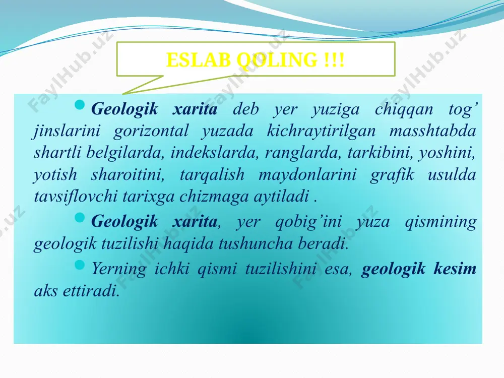 al yuzada kichraytirilgan masshtabda indekslar orqali joylashtirish ranlarini aniqlash va kesimlar qanday qilib chizilishini talabalar vazifani to’liq topshirish uchun quydagi savollarga javob beradilar !!! geologik xarita nima va unda nimalar aks ettiriladi ? geologik xarita deb qanday chizmaga aytiladi ? geologik xaritada rang bilan nimalar ko’rsatiladi ? geologik xaritada tog’ jinslarining tarkibi qanday ko’rsatiladi ? geologik kesim nima ? geologik kesim qanday tuziladi ? geologik kesim nima uchun tuziladi ? uyga topshiriq !!! berilgan mavzuni takrorlash berilgan variantlar bo’yicha tog’ jinslarini joylashtirish va rang berishni yakunlash geologik xarita va kesimni yakunlash e’tiboringiz uchun rahmat image2.png image3.png image4.png image5.wmf image6.jpeg image7.png image8.png image9.png image10.png image11.png image12.png image13.png image14.png /docprops/thumbnail.jpeg