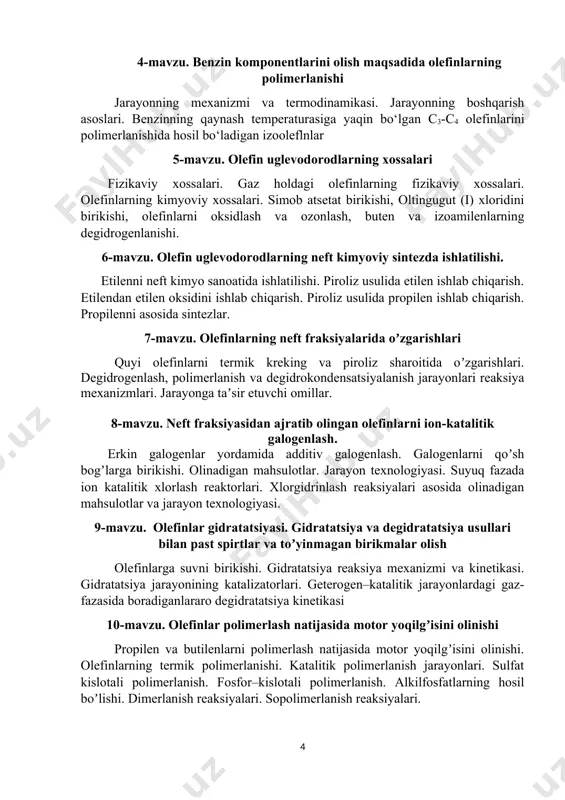 arni sulfat kislota bilan reaksiyasi bosqichli tarzda mono- va dialkilsulfatlar olish reaksiyalari va mexanizmi. normal olefinlardan ikkilamchi alkilsulfonatlar olish usullari. sulfatlash texnologiyasi. birlamchi alkilsulfonatlar olish. ikkilamchi alkilsulfatlar olish. olefinlarni sulfirlash reaksiyasi va mexanizmi. 13-mavzu. olefinlarni geterogen-katalitik oksidlash asosida sintezlar olefinlarni radikal-zanjirli oksidlash jarayonlari. geterogen-katalitik oksidlanish. olefin va ularning hosilalarini toʼyingan uglerod atomi boʼyicha qoʼshbogʼni saqlagan holda oksidlash. oksidlash geterogen katalizatorlari va reaksiya mexanizmi. geterogen-katalitik oksidlash reaktorlari. propilenni oksidlash bilan akril kislota olish. propilenni ikki bosqichda oksidlash bilan akril kislota olish texnologiyasi. 14-mavzu olefinlar sintezida zamonaviy texnalogiyalarning asosiy texnologik sxemalari o'zbekistonda metanoldan olefinlar ishlab chiqarish. neft-kimyo sanoatida etelen, propilen ishlab chiqarishni takomillashtirish. zamonaviy texnologiyalar asosda etilendan kimyoviy moddalar ishlab chiqarish. 1-jadval № ma’ruzalar mavzulari dars soatlari hajmi 1. respublika neft-gaz qayta ishlash sanoati mahsulotlari. olefinlar ishlab chiqarish korxonalari 2 2. neft kimyosi sintezi uchun xom-ashyo sifatida qoʼllaniladigan olefinlar 3. neftni qayta ishlashda hosil bo’ladigan olefin uglevodorodlar 2 4. benzin komponentlarini olish …