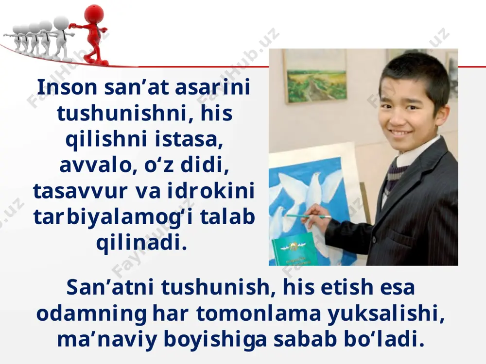 mazkur san’at turiga ayniqsa kuchli ehtiyoj tug‘ilganini ustozlaringiz tushuntirgan bo‘lishsa kerak. 11 o‘zbekiston respublikasi prezidentining 2014-yilda o‘zbek milliy akademik drama teatrining 100 yilligini keng nishonlash to‘g‘risidagi qarori ham mazkur san’at sohasining jamiyat hayotida nihoyatda muhim o‘rin tutishini ko‘rsatadi. bugungi kunda dunyo kino san’atining texnik-texnologik taraqqiyoti insoniyatning madaniy rivojiga daxldor bo‘lgan boshqa barcha sohalarni ortda qoldirib ketayotganini hamma ko‘rib-bilib turibdi. darhaqiqat, gazeta-jurnallar, kitob va boshqa matbaa mahsulotlari soni kam bo‘lgan turkiston o‘lkasi xalqini ma’rifatga da’vat etish, uni qoloqlik botqog‘idan olib chiqishda teatr san’atining ahamiyati katta bo‘lgan. teatr savol va topshiriqlar 1. insonning san’atga bu qadar qiziqishi, usiz hayotni tasavvur qila olmasligini qanday izohlaysiz? 2. yurtimizda san’atning qaysi turlari ko‘proq rivojlangan? buning sababi nimalarda ekan? 3. san’atkor bo‘lish yoki san’atni tushunish kishidan qanday fazilatlarni talab qiladi? 4. yurtimiz dovrug‘ini dunyoga tanitayotgan qaysi san’atkorlarni bilasiz, ularning mahorati nimada? 5. tengdoshlaringizning san’at va adabiyotga bo‘lgan munosabati sizni qoniqtiradimi? 6. o‘zingiz yashaydigan joyda qanday san’at …