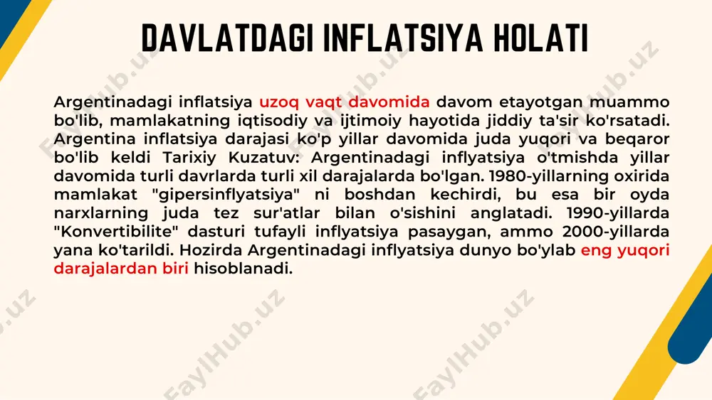 ishi 10,8% 2010 2013 2015 2018 2019 10,6% 30% 34,3% 53,5% davlatdagi tanglik iqtisodiy siyosat tashqi va ichki omillar statistikaga ishonchsizlik: • indecning ishonchsizligi: indecning inflyatsiya raqamlarini manipulyatsiya qilishga urinishi, haqiqiy inflyatsiya darajasini aniqlashni qiyinlashtirgan. bu esa investitsiya va iqtisodiy siyosat qabul qilishda muammolarni keltirib chiqargan. valyuta kursi bo'yicha boshqaruv ; katta miqdordagi davlat xarajatlari ; narxlarni nazorat qilish yoki qora bozor siyosati ; qarzlarni qayta moliyalashtirish global moliyaviy inqiroz (2008- investorlar) ; xomashyo narxlari ; aqsh dollarining qadrsizlanishi ishsizlik; ish haqi talablar oqibatlar hayot darajasi pasayishi haqiqiy daromadlar pasaygan iqtisodiy o’sishning to’xtashi ijtimoiy to’qnashuvlar aholi noroziliklari, namoyishlar yuqori inflyatsiya sabab investitsiyalar kirishi qiyinlashgan 42.02 % 48.41 % 94.80 % 60% 209.3 % covid-19 davlat xarajatlarining ko’payishi peso zaiflashuvi rossiyaning ukrainaga bostirib kirishi global inflyatsiya peso zaiflashuvi global iqtisodiy vaziyat davlatning iqtisodiy siyosati peso kursi so’nggi 5 yillik 2020 2021 2022 2023 2024 2020- yildagi inflyatsiya davomi davlat xarajatlarini qisqartirish …