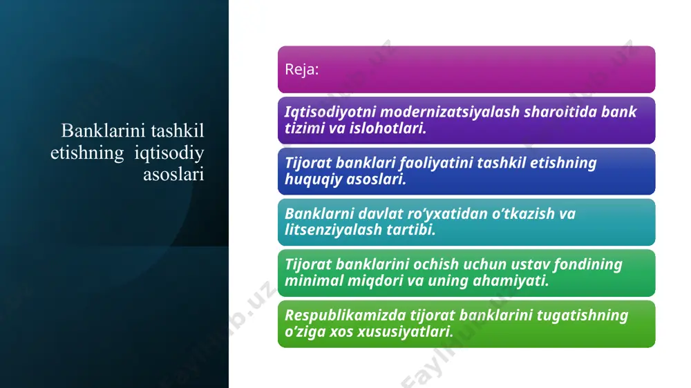 ta’minlash uchun 3 834,7 mlrd. so’m; ish haqi, pensiya va nafaqa bo’yicha to’lovlarning hamda paxta yig’im-terim mavsumida terimchilarga terilgan paxta hosili uchun hisob-kitoblarni o’z vaqtida amalga oshirilishini ta’minlash uchun 2 172,6 mlrd. so’m miqdoridagi naqd pullar bilan ta’minlanganligi ham o’z ta’sirini ko’rsatdi. bank tizimi - tashkiliy tuzilma sifatida yirik tizim bo’lib – mamlakatning iqtisodiy tizimiga kiradi. bu shuni bildiradiki, banklarning faoliyati va rivojlanishini moddiy va nomoddiy nematlarni ishlab chiqarish, muomala va itsemol qilish bilan bog’liq holda ko’rib chiqish zarurdir. o’zining amaliy faoliyatida banklar xujvalik hayotini tartibga solish mexanizmi bilan o’zviy ravishda bog’liq. bank tizimi- bu mamlakat hududida tarixan shakllangan va konkn bilan mustahkamlangan kredit tashkilotlarining faoliyat ko’rsatish shaklidir. xuddi pul va moliya tizimi kabi bank tizimi o’ziga hos milliy belgilariga egadir. shu belgilar shu hududning, geografik shartlari ob-xavo aholi milliy tuzilishi, ularni nima bilan mashgulligi, kushnilar bilan munosabati, savdo yo’llari va omillar asosida shakllanadi. tijorat banklari faoliyatini tashkil etishning huquqiy …