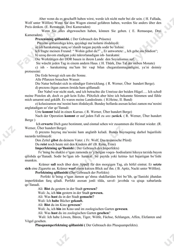 r sieben monde) sie gingen schweigend dicht nebeneinander, aber sie berührten sich nicht. (chr. wolf, der geteilte himmel) ish- harakatning ketma-ket sodir bo’lishi ketma-ketlilik ( die vorzetigkeit) deyiladi. ketma- ketlilik o’z navbatida uch xil ko’rinishiga ega: a) hozirgi zamonga nisbatan ketma- ketlilik ( die vorzeitigkeit in der gegenwart); b)o’tgan zamonga nisbatan ketma- ketlilik ( die vorzeitigkeit in der vergangenheit) ; c) kelasi zamonga nisbatan ketma-ketlilik ( die vorzeitigkeit in der zukunft). hozirgi zamonga nisbatan ketma- ketlilik perfekt- prezens bilan ifodalanadi: er erzählt, was er schon geschrieben hat. ( l. frank, links wo das herz ist ) er sehnt sich nach seinen kameraden, die er voriges jahr verlassen hat. ( a. seghers, die gefährten) ötgan zamonga nisbatan ketma- ketlilikda plusquamperfekt+ imperfekt orqali ifodalanadi: lieven bekam das zimmer, das lenores bruder bewohnt hatte. (a. segehrs, die toten bleiben jung) früh, als ich die ersten nachrichten gehört hatte, ging ich ins werk. ( …