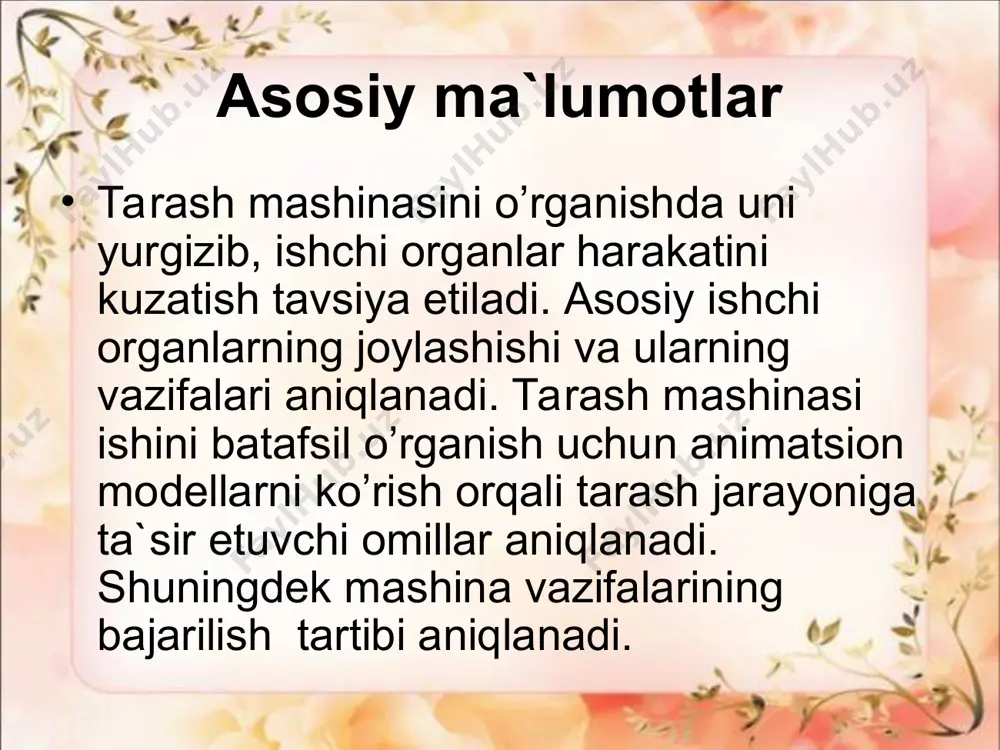 t nazorat funktsiyasining bajarilishiga ahamiyat beriladi. ta`minlash tsilindri, ta`minlash stolchasi va tolalar qatlami qalinligini butun eni bo’yicha sezib o’lchovchi 16ta plastinkalarning tuzilishi tahlil qilinadi. metall bo’lakchalarini, qalin joylarni qayd qilish, tarash mashinasini shikastlanmasligi uchun, reversiv holatga o’tkazish elektr tizimi tahlil qilinadi. sensofeed tizimi 1-ta`minlovchi tsilindr, 2-ta`minlovchi stolcha, 3-16ta sensorli o’lchash plastinkalari, 4-sezgir datchikli invertor, 5-chiziqiy zichlik rostlagichi, 6-ta`minlovchi tsilindrni xarakatlantiruvchi dvigatel. webfeed tizimi 1- ta`minlovchi tsilindr, 2- ta`minlovchi stolcha, 3-16ta sensorli o’lchash plastinkalari, 4- qo’zg’almas segment, 5- ajratuvchi pnevmoqurilmali pichoq, 6-ignali qabul barabani, 7- birinchi arra tishli qabul barabani, 8- ikkinchi arra tishli qabul barabani. tolali qatlam; ta`minlovchi stolcha; ta`minlovchi tsilindr; qabul barabani; ta`minlovchi stolchaning ishchi qirralari a+b=lsht rieter firmasi tarash mashinasining ta`minlash qurilmasi webfeed tizimini o’rganishda qo’zg’almas tarash segmentlarni va pnevmoqurilmali nuqson ajratuvchi pichoqlarning joylashishiga ahamiyat beriladi. qabul barabanlarida ignali, birinchi arra tishli, ikkinchi arra tishli garnituralarni qo’llanilishi aniqlanadi. talabalar ishlatilayotgan tola turiga ko’ra (paxta tolasi, kimyoviy tola) qabul …