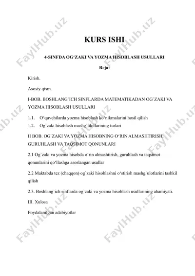 4-sinfda ogʻzaki va yozma hisoblash usullari — DOC